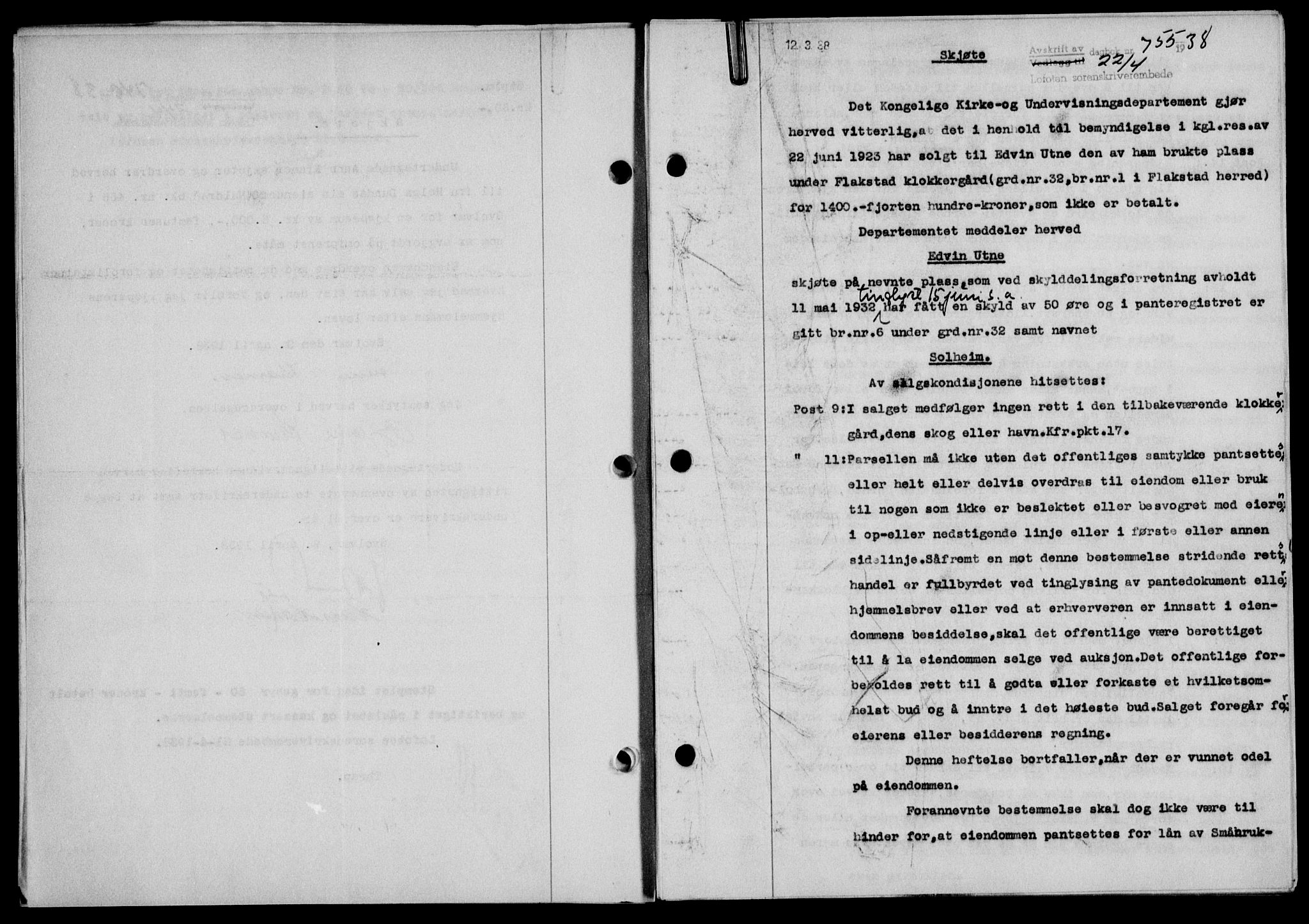 Lofoten sorenskriveri, SAT/A-0017/1/2/2C/L0004a: Mortgage book no. 4a, 1938-1938, Diary no: : 755/1938