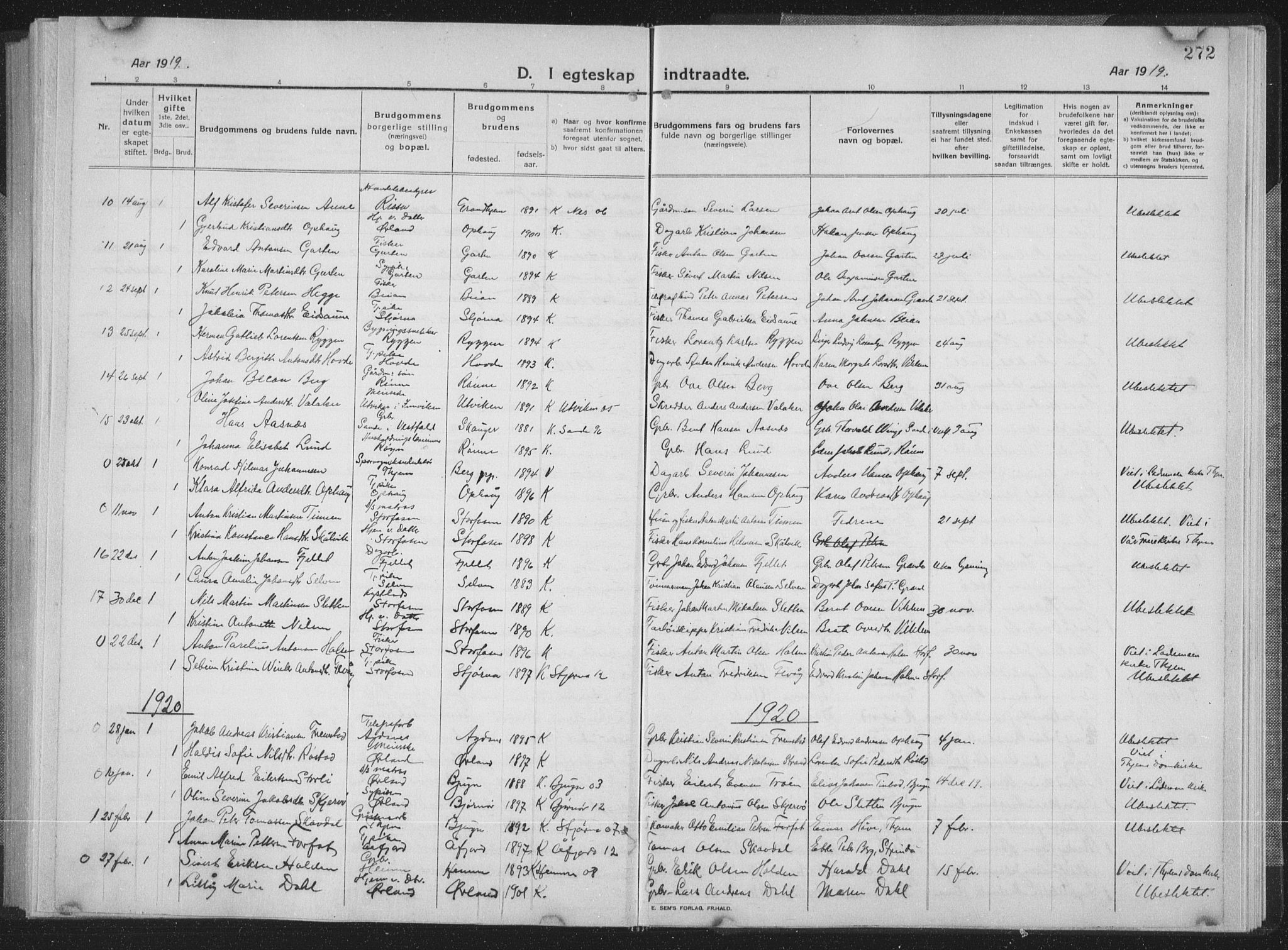 Ministerialprotokoller, klokkerbøker og fødselsregistre - Sør-Trøndelag, AV/SAT-A-1456/659/L0747: Parish register (copy) no. 659C04, 1913-1938, p. 272