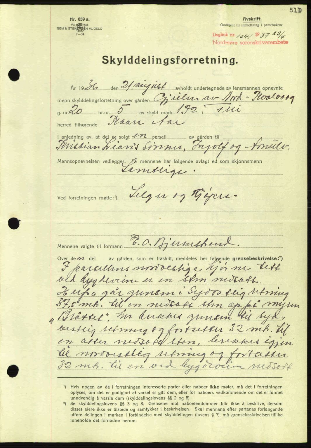 Nordmøre sorenskriveri, AV/SAT-A-4132/1/2/2Ca: Mortgage book no. A81, 1937-1937, Diary no: : 1041/1937