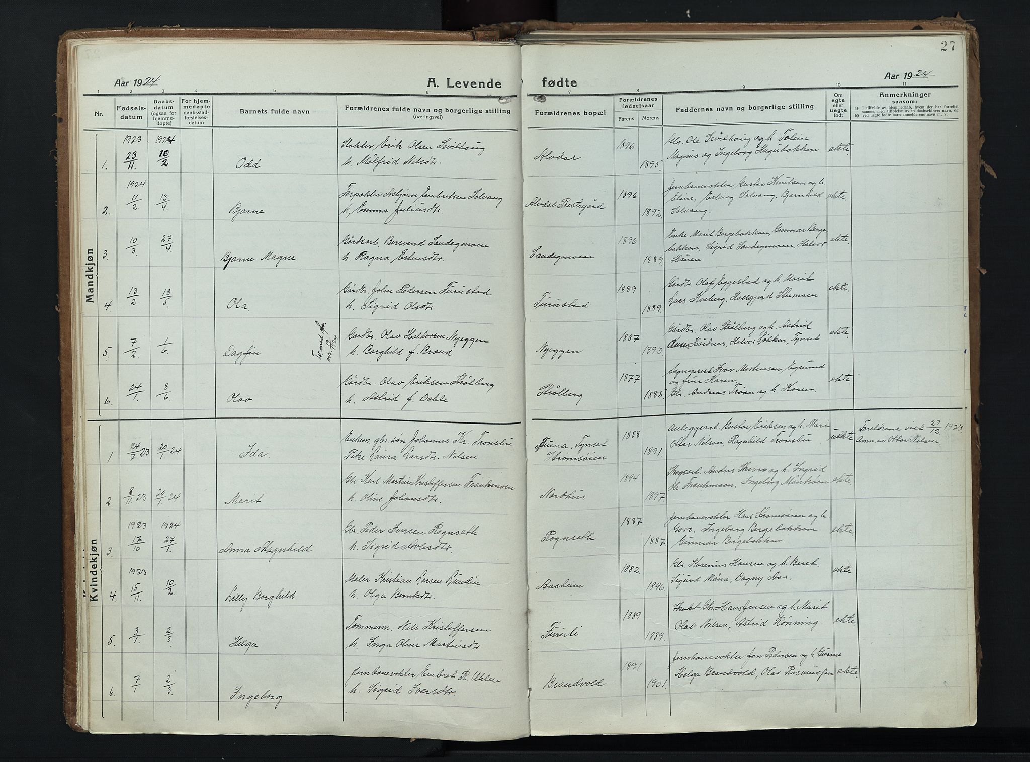 Alvdal prestekontor, AV/SAH-PREST-060/H/Ha/Haa/L0006: Parish register (official) no. 6, 1920-1937, p. 27