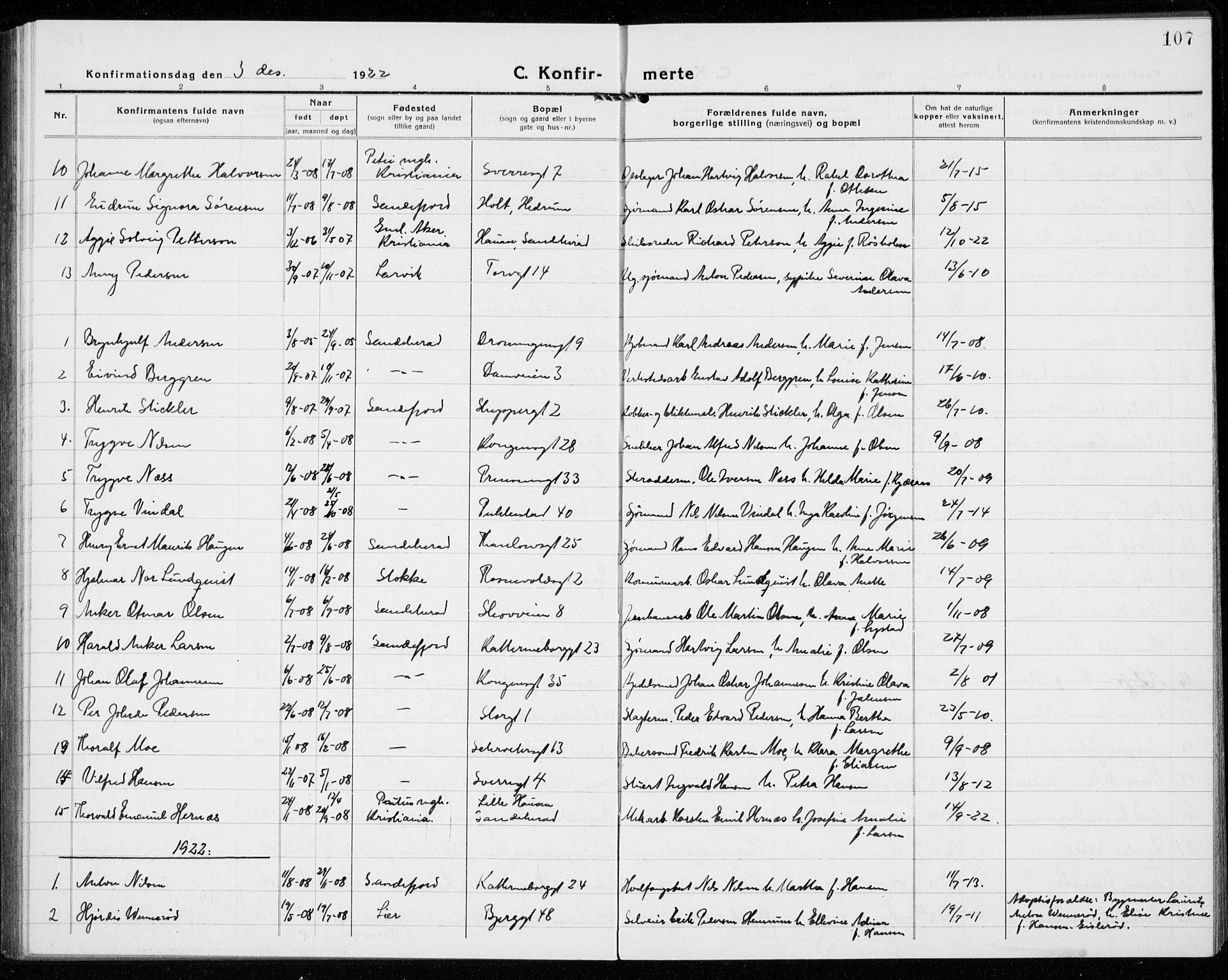 Sandefjord kirkebøker, AV/SAKO-A-315/G/Ga/L0004: Parish register (copy) no. 4, 1920-1931, p. 107