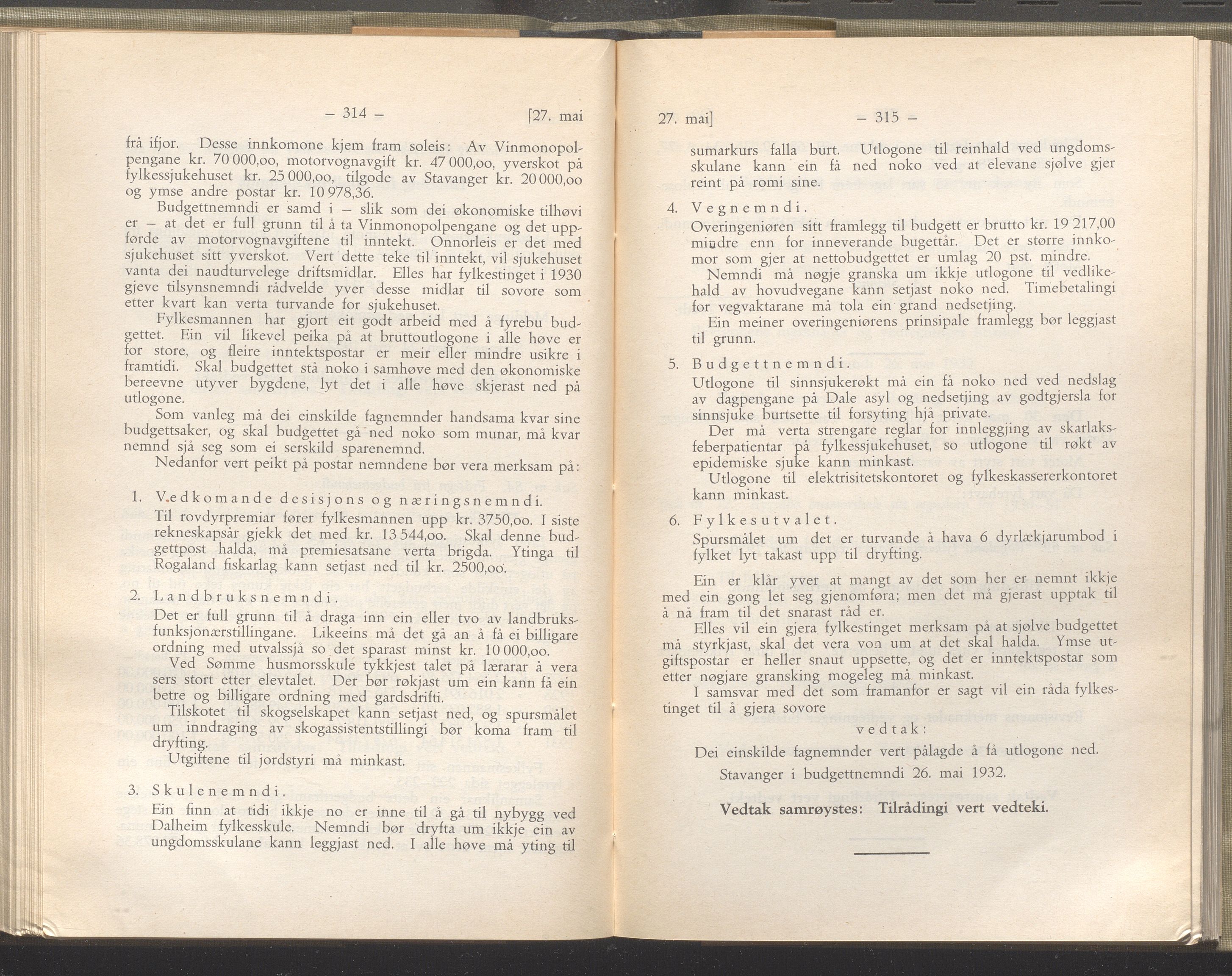 Rogaland fylkeskommune - Fylkesrådmannen , IKAR/A-900/A/Aa/Aaa/L0051: Møtebok , 1932, p. 314-315