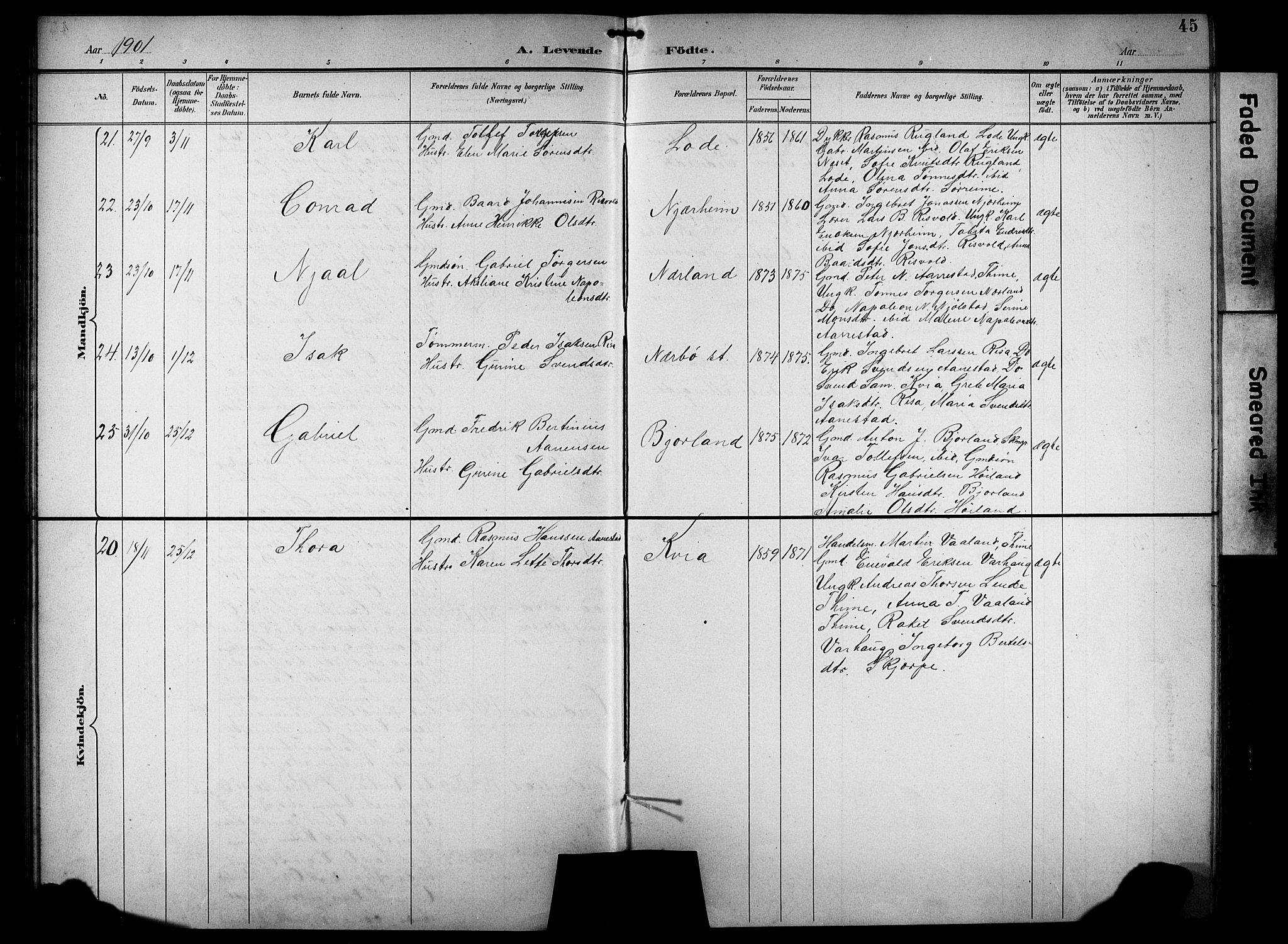 Hå sokneprestkontor, AV/SAST-A-101801/001/30BB/L0005: Parish register (copy) no. B 5, 1894-1912, p. 45