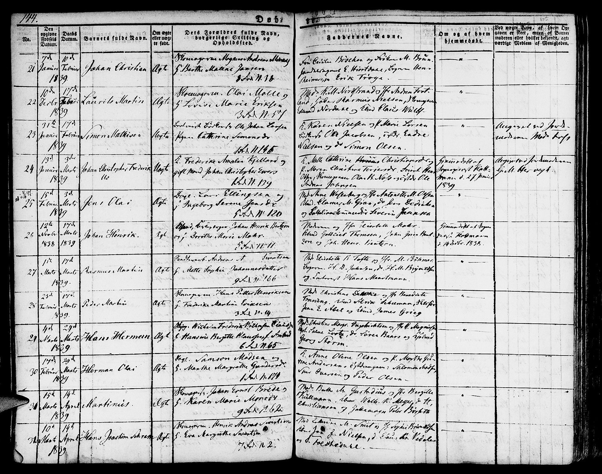 Nykirken Sokneprestembete, SAB/A-77101/H/Hab: Parish register (copy) no. A 5I, 1821-1841, p. 144