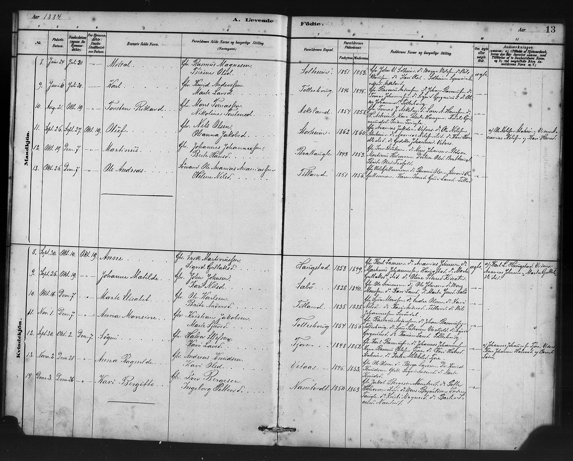 Manger sokneprestembete, AV/SAB-A-76801/H/Haa: Parish register (official) no. D 1, 1881-1892, p. 13