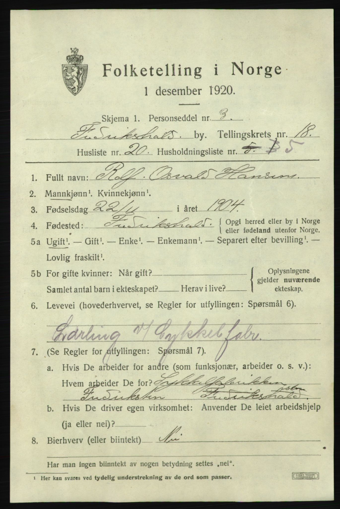 SAO, 1920 census for Fredrikshald, 1920, p. 27683