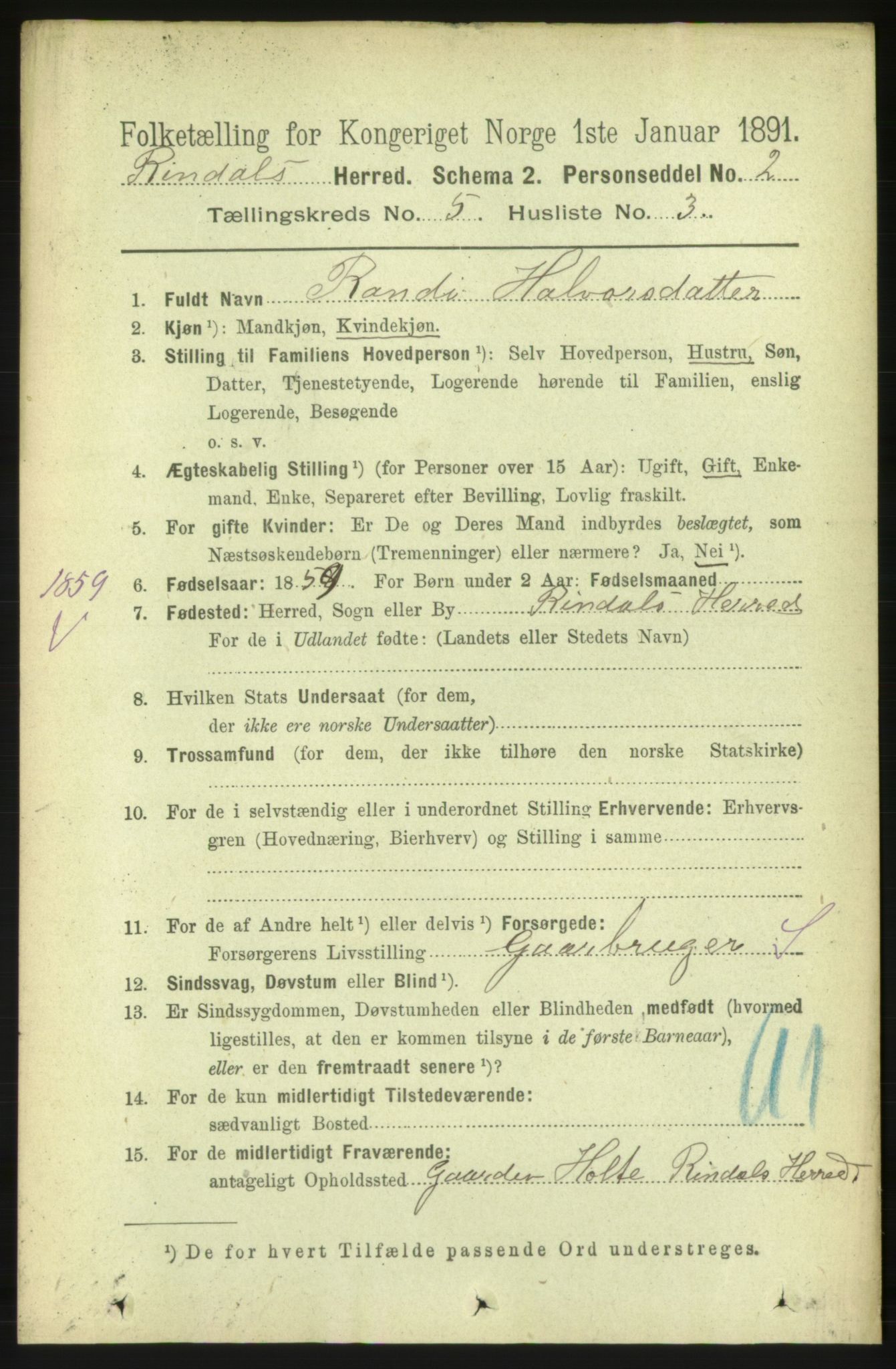 RA, 1891 census for 1567 Rindal, 1891, p. 1608