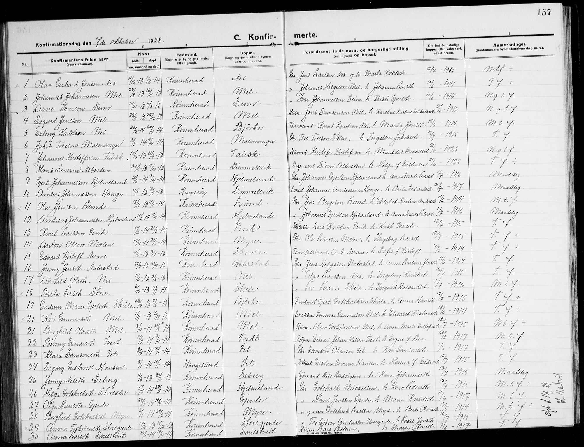 Kvinnherad sokneprestembete, SAB/A-76401/H/Hab: Parish register (copy) no. A 3, 1911-1945, p. 157