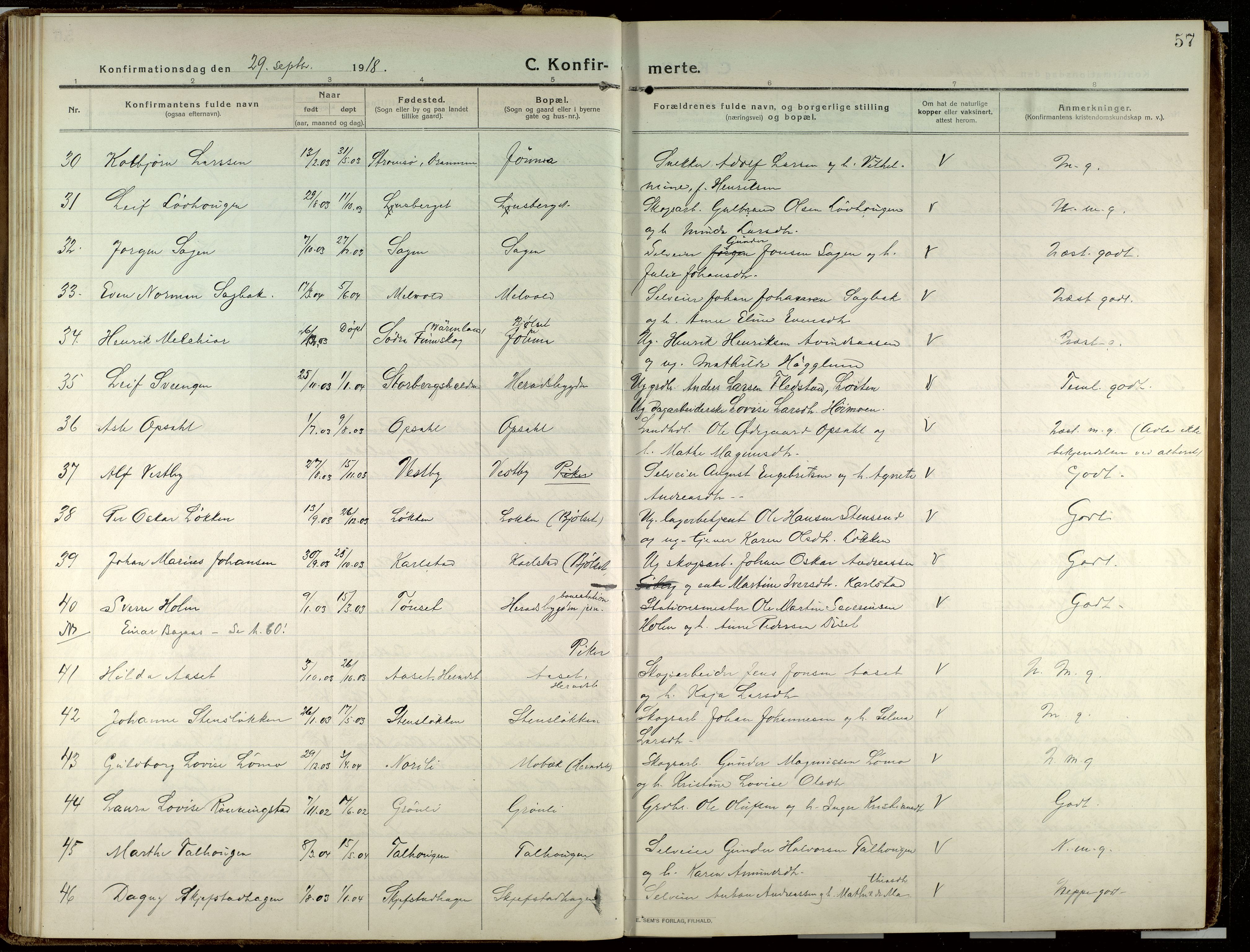 Elverum prestekontor, AV/SAH-PREST-044/H/Ha/Haa/L0023: Parish register (official) no. 23, 1914-1929, p. 57