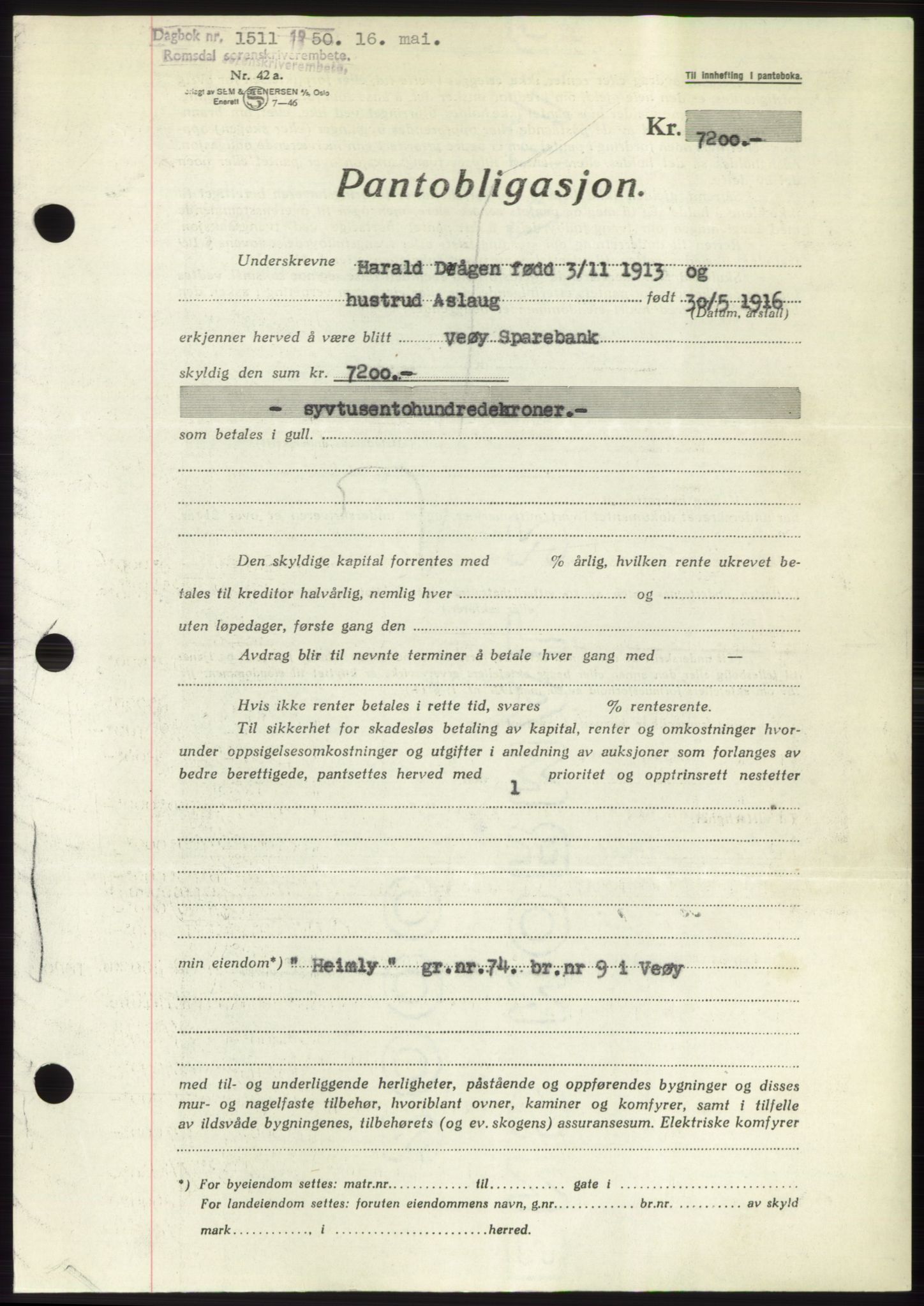 Romsdal sorenskriveri, AV/SAT-A-4149/1/2/2C: Mortgage book no. B5, 1949-1950, Diary no: : 1511/1950