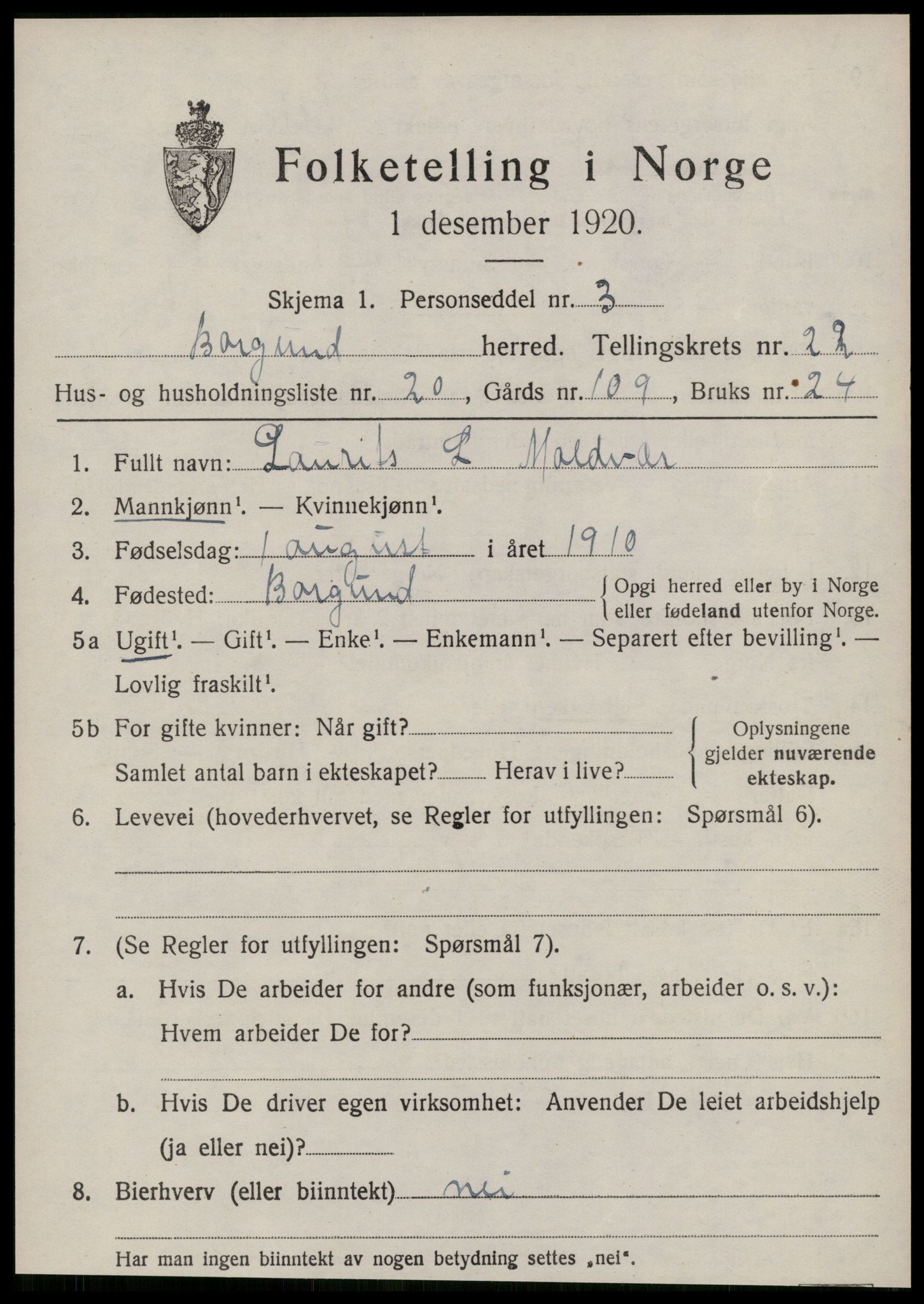 SAT, 1920 census for Borgund, 1920, p. 15414