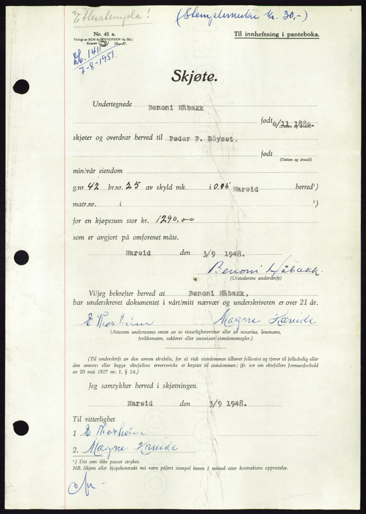 Søre Sunnmøre sorenskriveri, AV/SAT-A-4122/1/2/2C/L0089: Mortgage book no. 15A, 1951-1951, Diary no: : 1411/1951