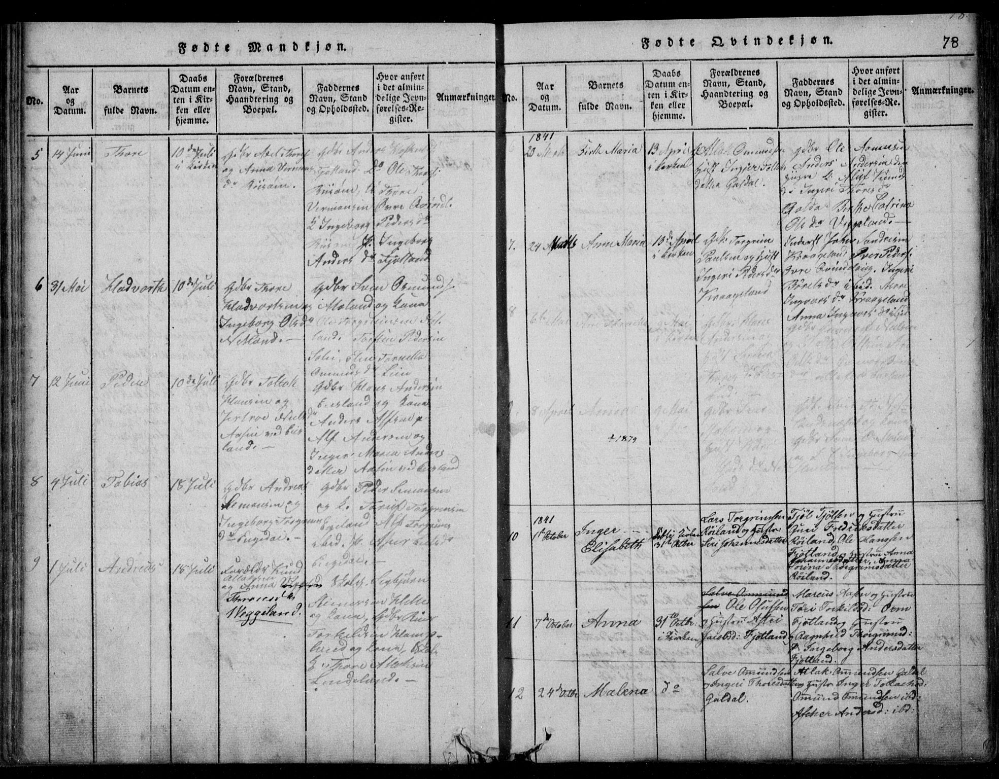 Fjotland sokneprestkontor, SAK/1111-0010/F/Fb/L0001: Parish register (copy) no. B 1, 1816-1849, p. 78