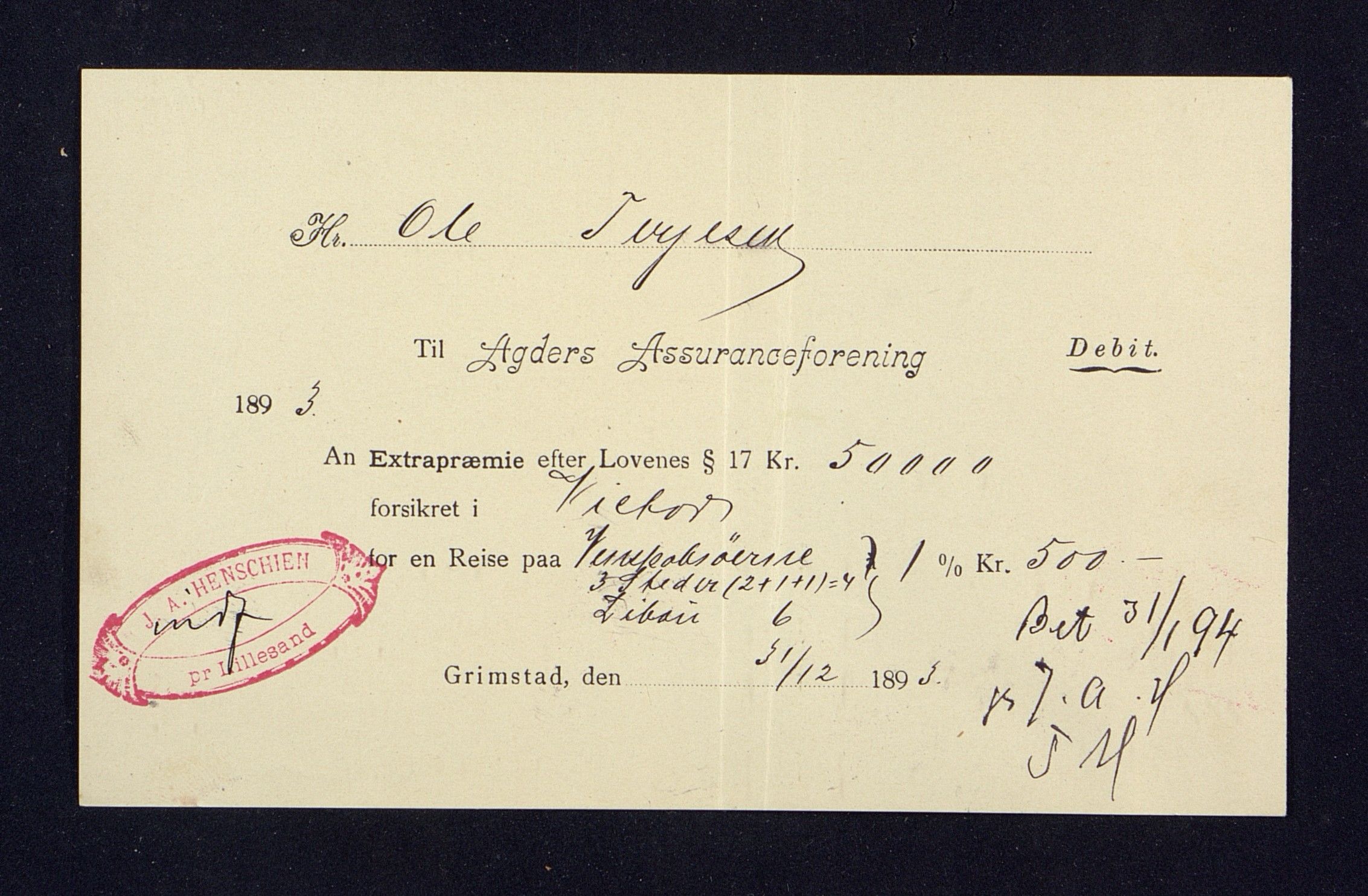 O. Terjesens rederi, AAKS/PA-2525/R/R02/L0001: Regnskapsbilag, 1884-1898