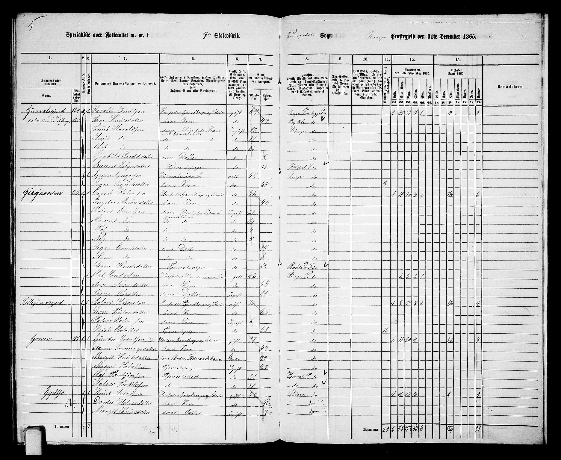 RA, 1865 census for Vinje, 1865, p. 73