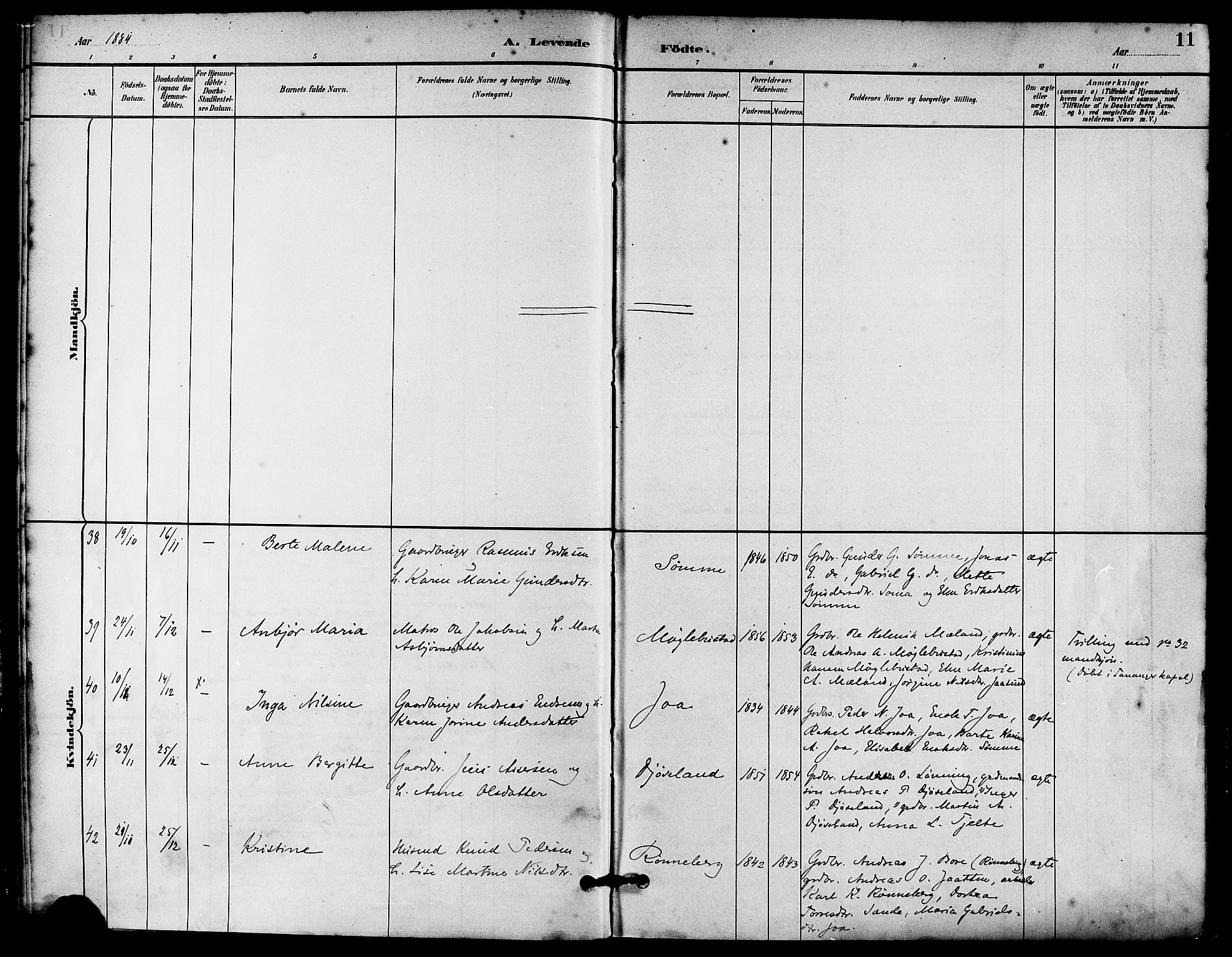 Håland sokneprestkontor, AV/SAST-A-101802/001/30BA/L0010: Parish register (official) no. A 9, 1883-1888, p. 11