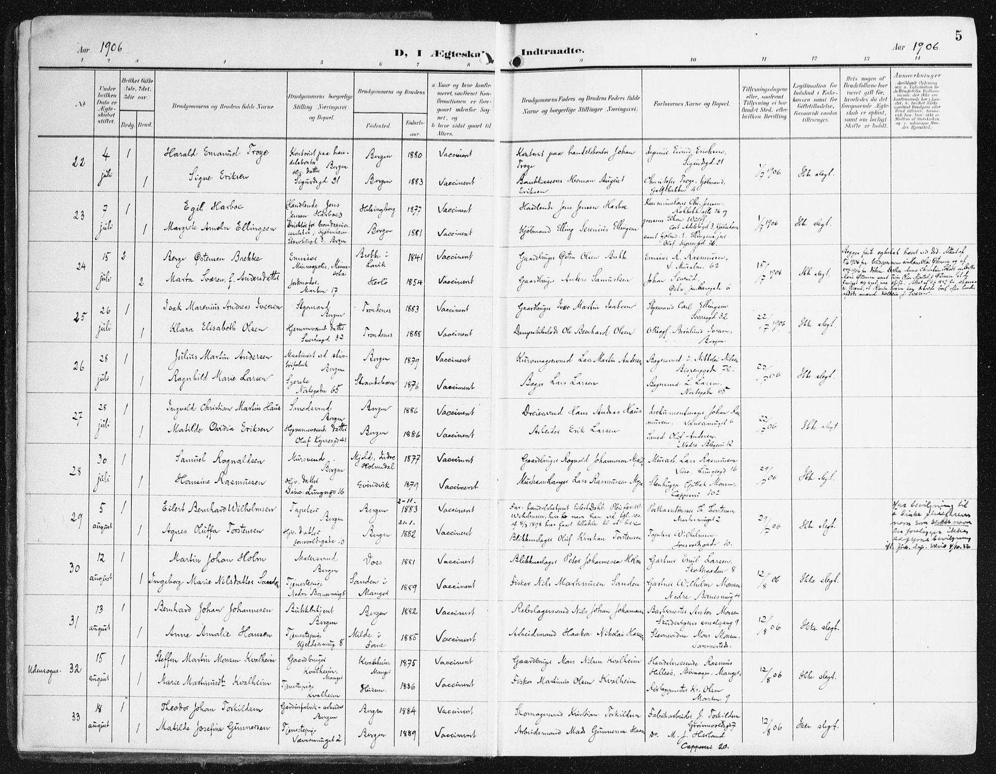 Domkirken sokneprestembete, SAB/A-74801/H/Haa/L0038: Parish register (official) no. D 5, 1906-1921, p. 5