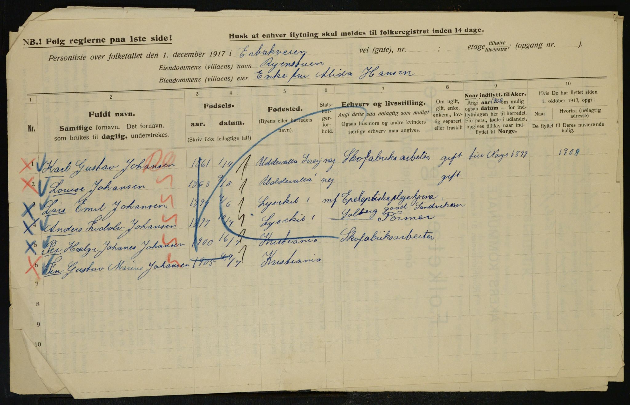 OBA, Municipal Census 1917 for Aker, 1917, p. 22947