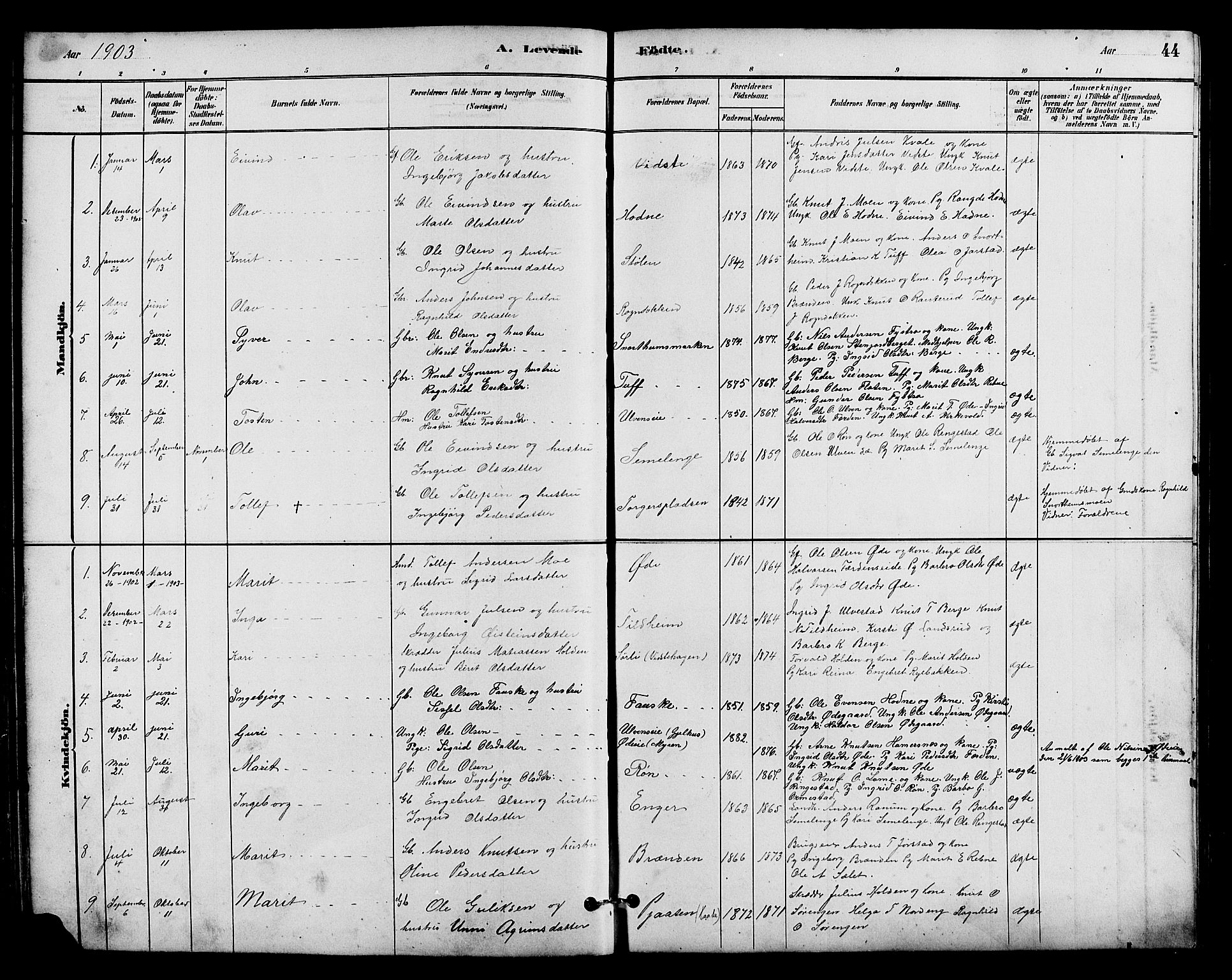 Vestre Slidre prestekontor, SAH/PREST-136/H/Ha/Hab/L0005: Parish register (copy) no. 5, 1881-1913, p. 44