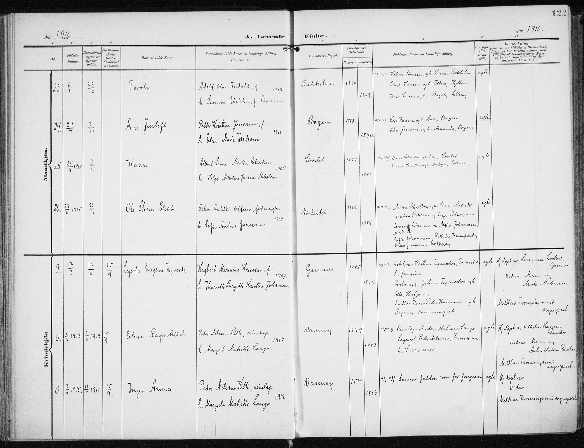 Karlsøy sokneprestembete, AV/SATØ-S-1299/H/Ha/Haa/L0014kirke: Parish register (official) no. 14, 1903-1917, p. 122