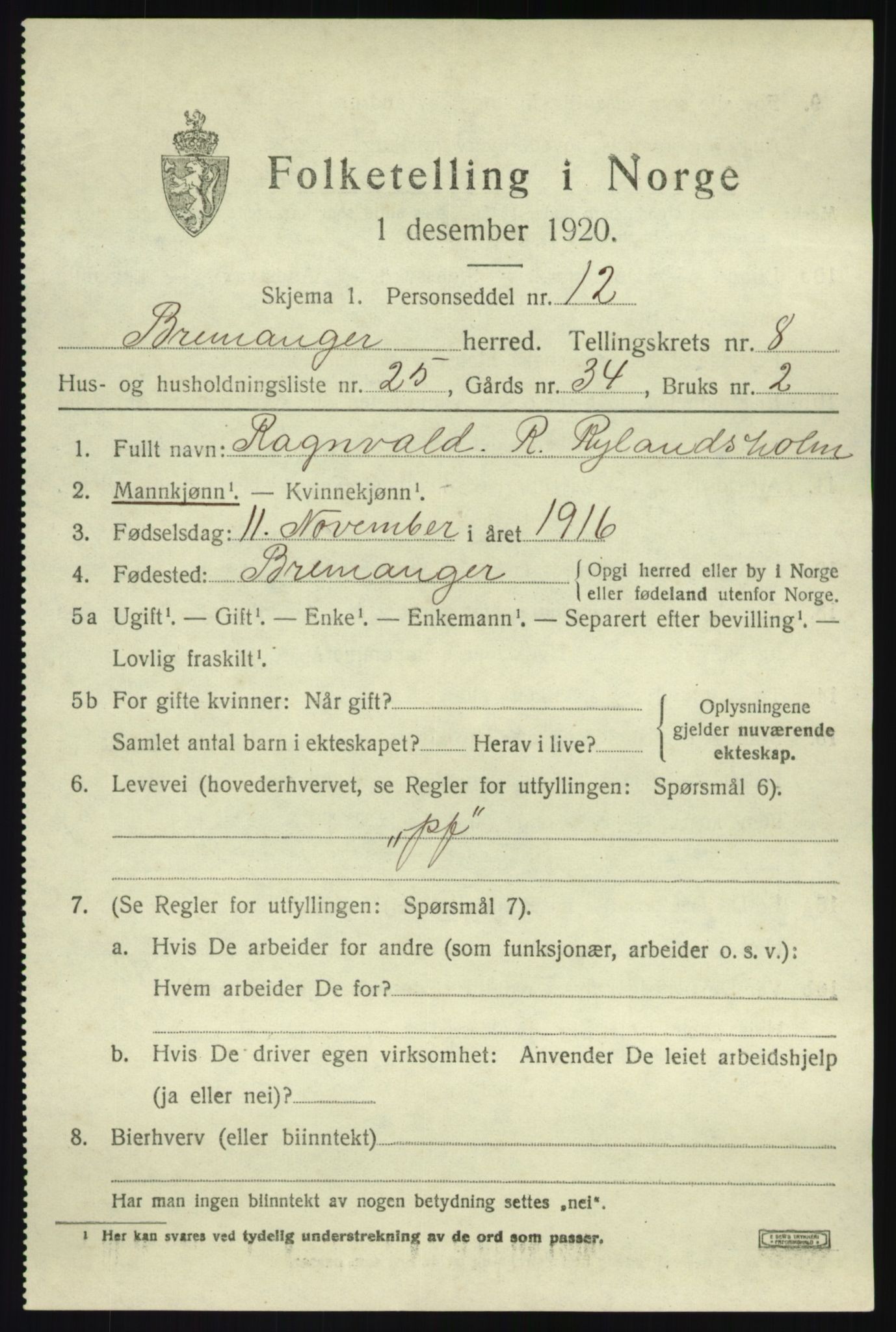 SAB, 1920 census for Bremanger, 1920, p. 5122