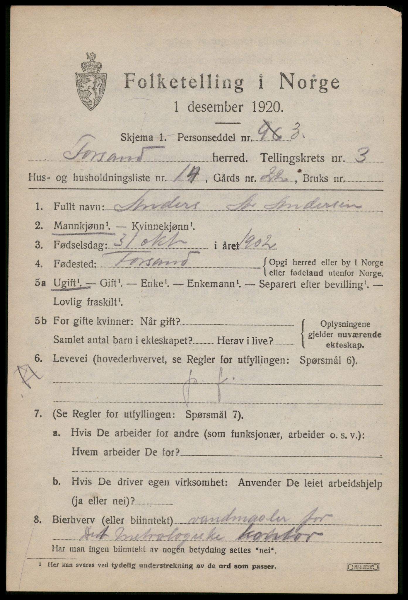 SAST, 1920 census for Forsand, 1920, p. 1611