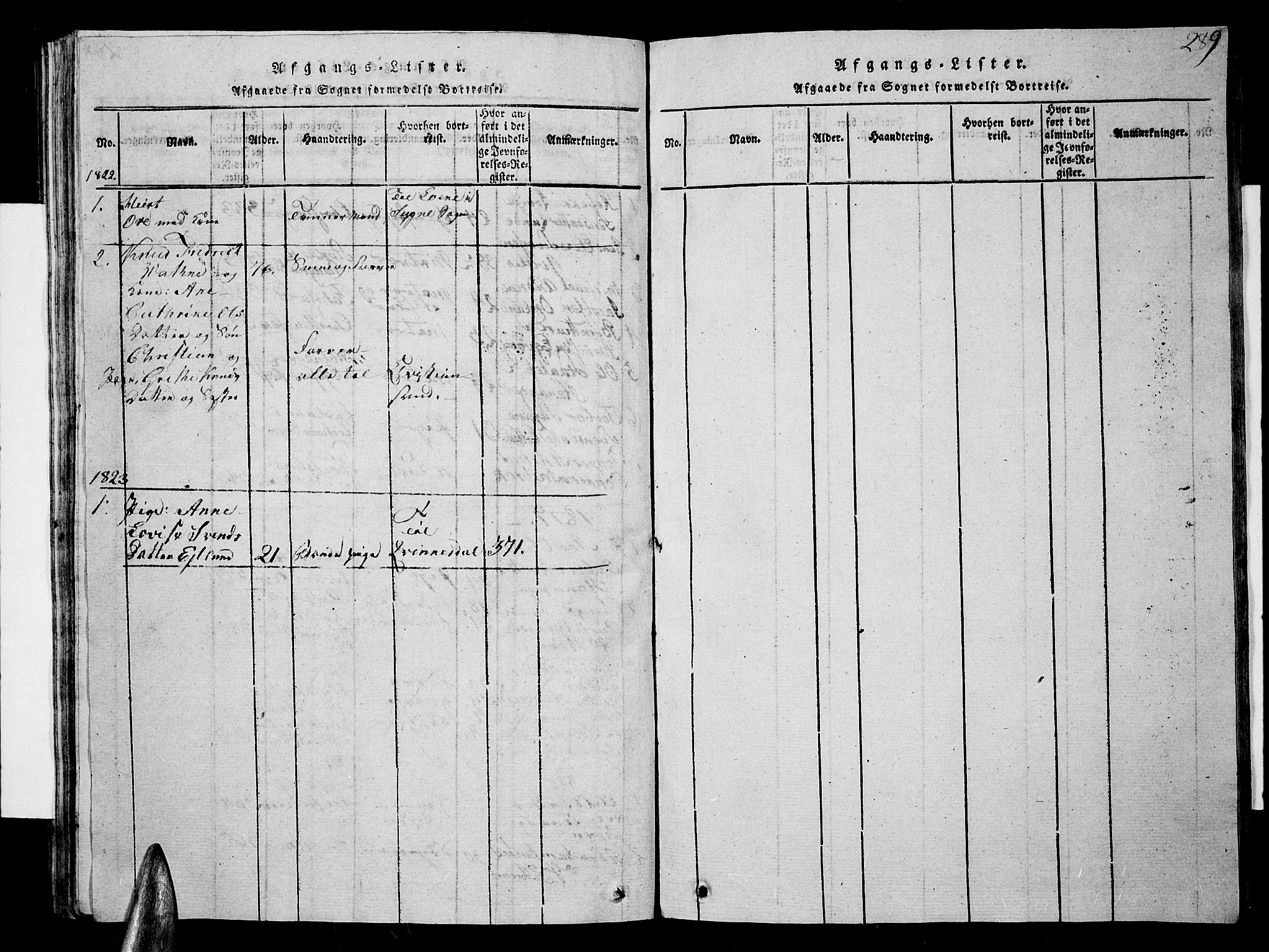 Lista sokneprestkontor, SAK/1111-0027/F/Fb/L0001: Parish register (copy) no. B 1, 1816-1832, p. 289