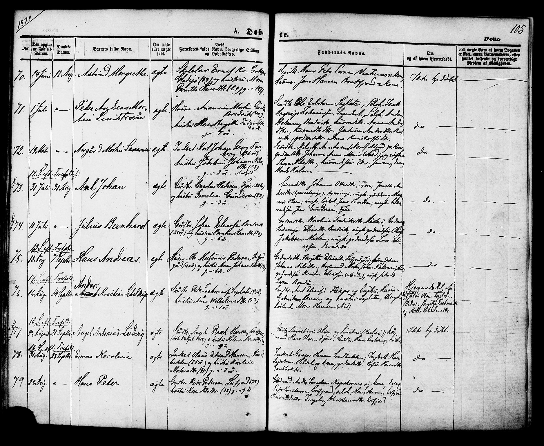 Ministerialprotokoller, klokkerbøker og fødselsregistre - Nordland, AV/SAT-A-1459/853/L0771: Parish register (official) no. 853A10, 1870-1881, p. 105