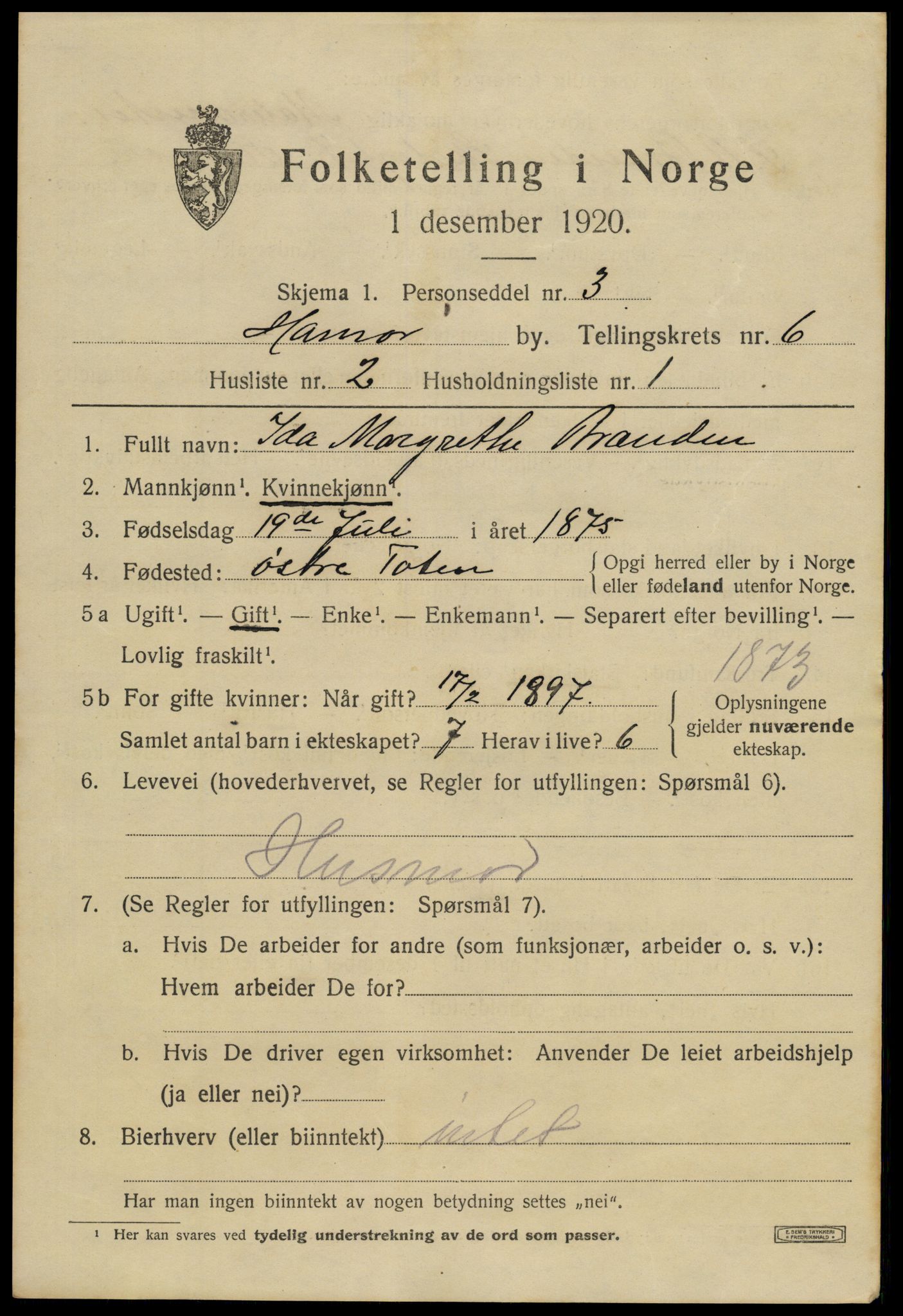 SAH, 1920 census for Hamar, 1920, p. 10975