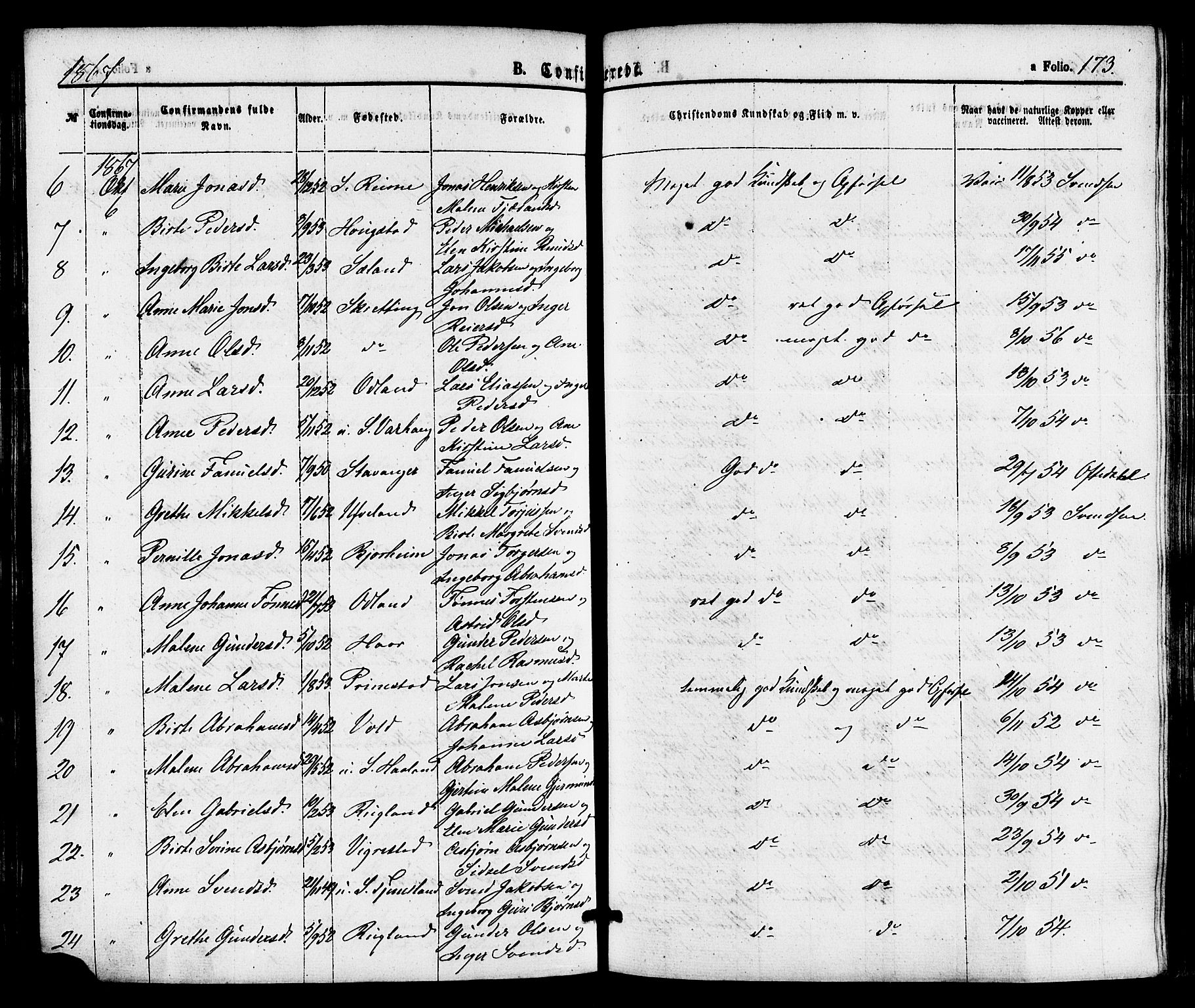 Hå sokneprestkontor, AV/SAST-A-101801/001/30BA/L0009: Parish register (official) no. A 8, 1855-1878, p. 173