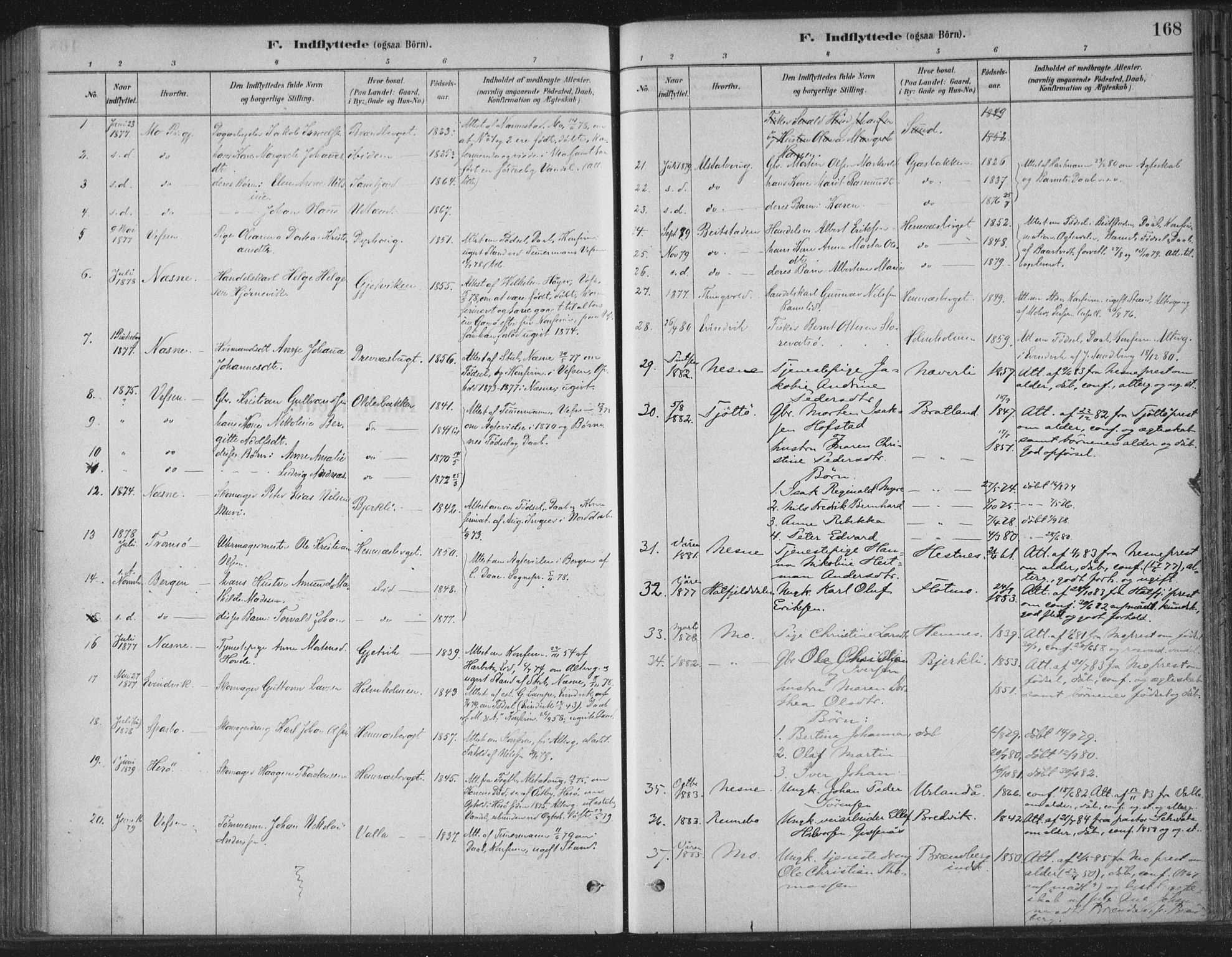 Ministerialprotokoller, klokkerbøker og fødselsregistre - Nordland, AV/SAT-A-1459/825/L0361: Parish register (official) no. 825A15, 1878-1893, p. 168