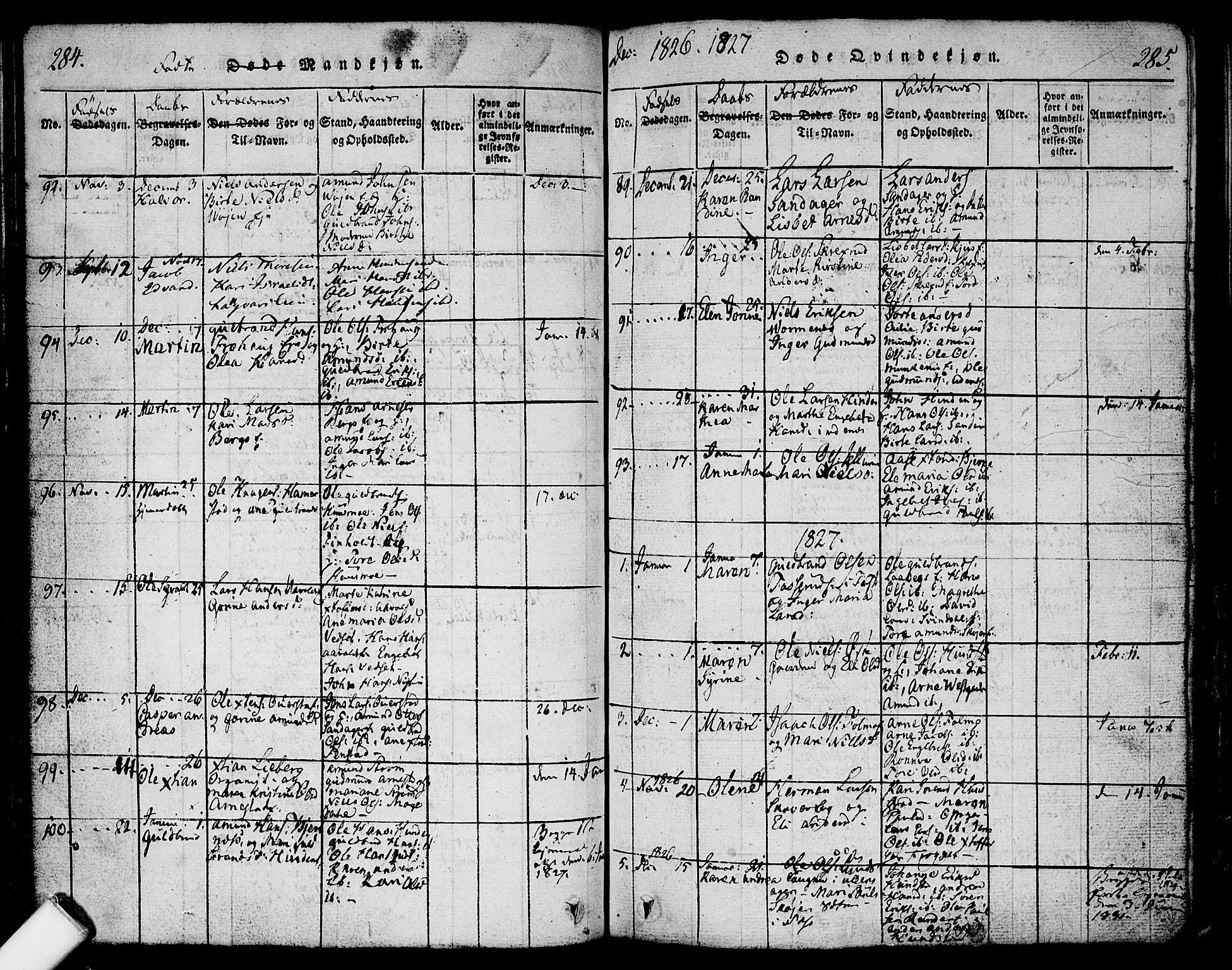 Nes prestekontor Kirkebøker, SAO/A-10410/F/Fa/L0005: Parish register (official) no. I 5, 1815-1835, p. 284-285