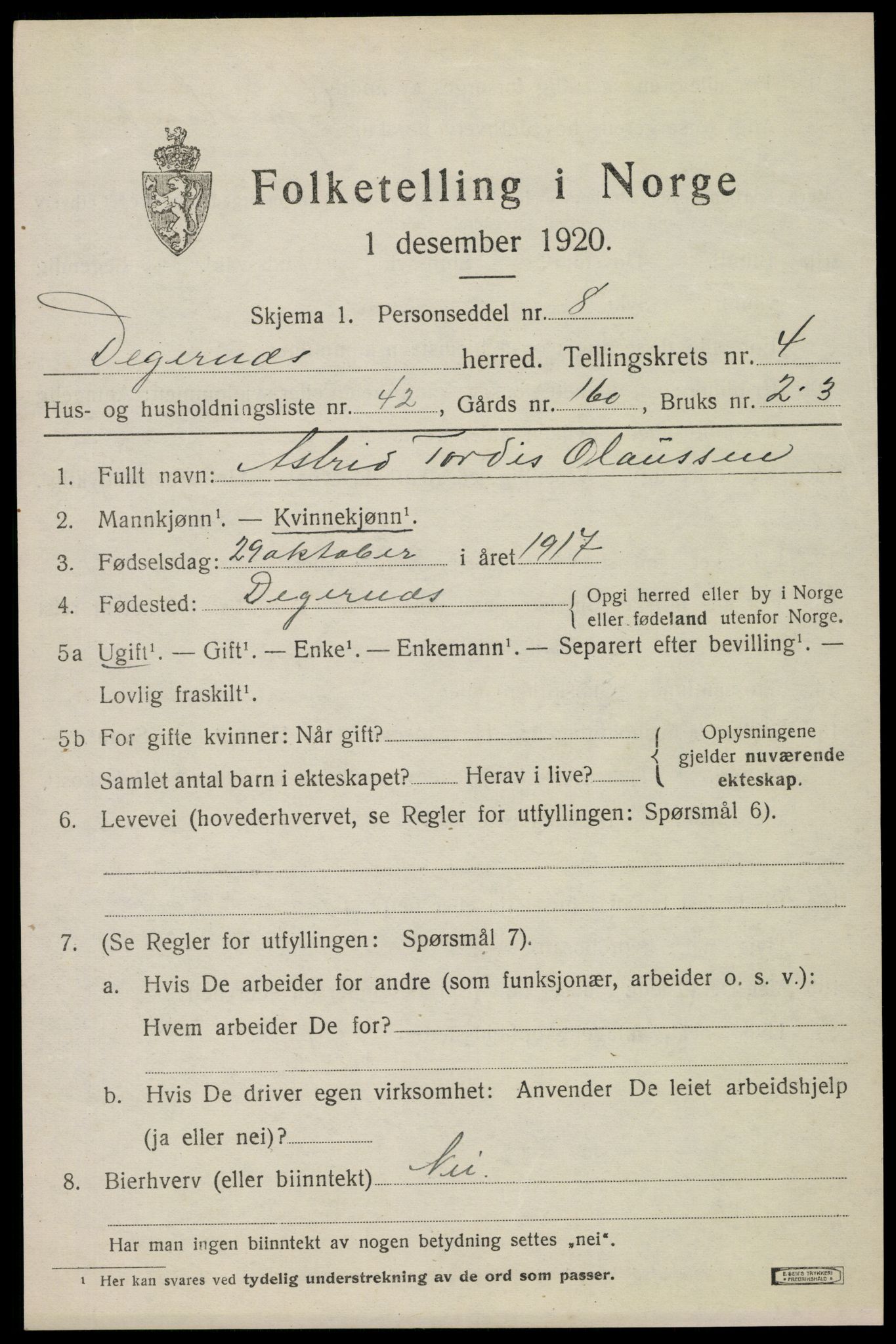 SAO, 1920 census for Degernes, 1920, p. 2730