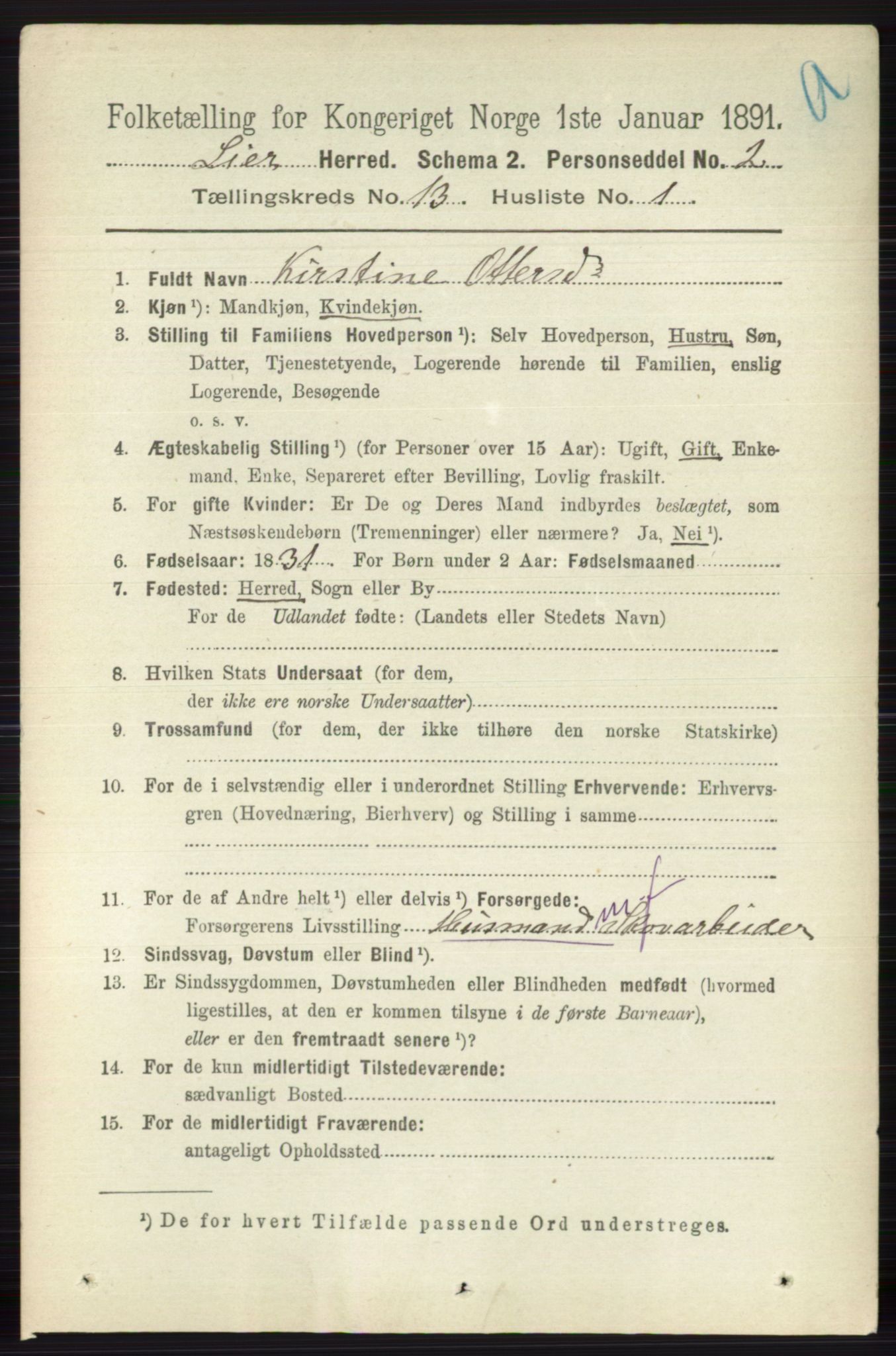 RA, 1891 census for 0626 Lier, 1891, p. 7896