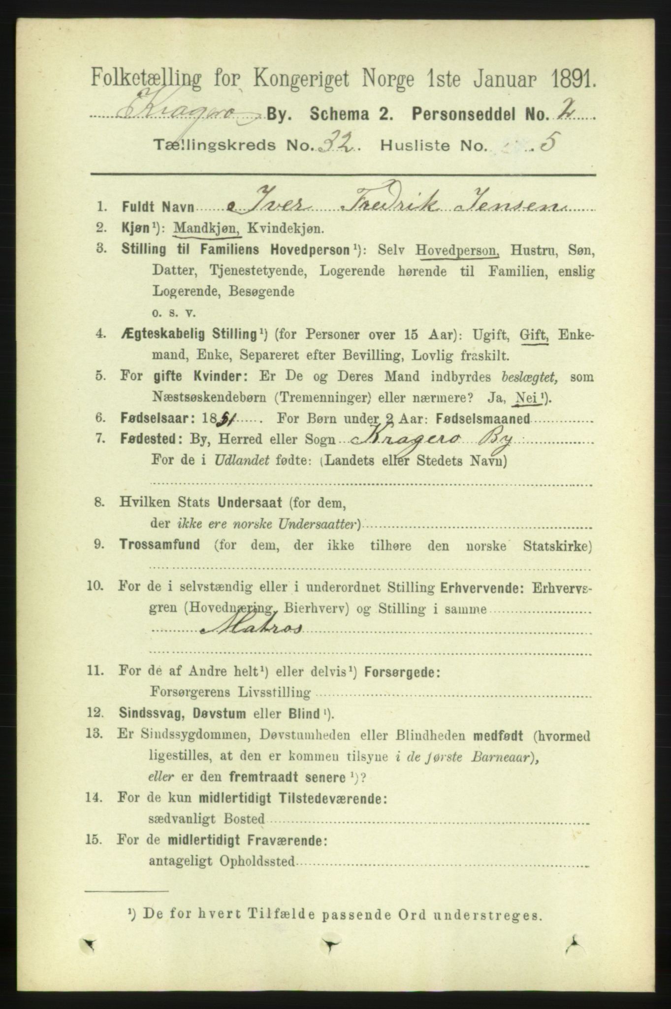 RA, 1891 census for 0801 Kragerø, 1891, p. 5810