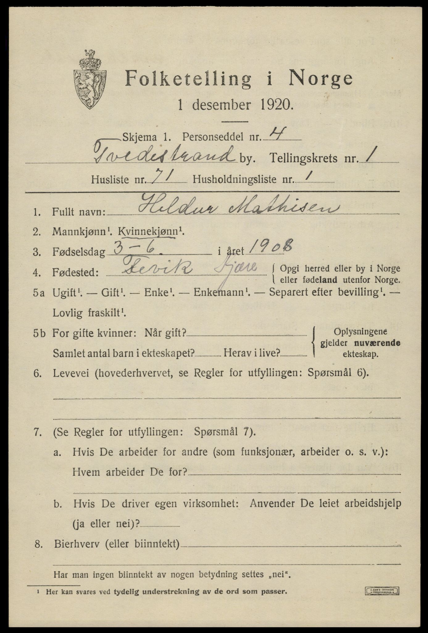 SAK, 1920 census for Tvedestrand, 1920, p. 2121