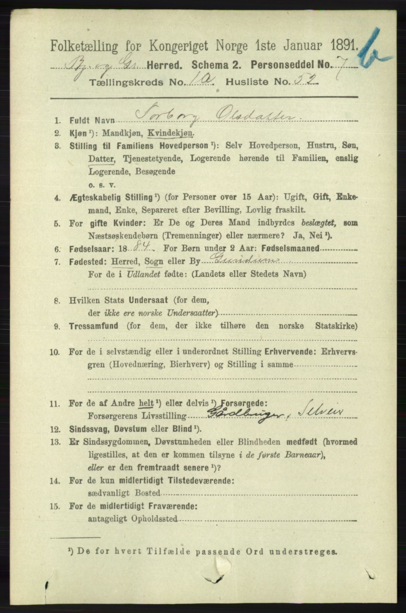 RA, 1891 census for 1024 Bjelland og Grindheim, 1891, p. 1070