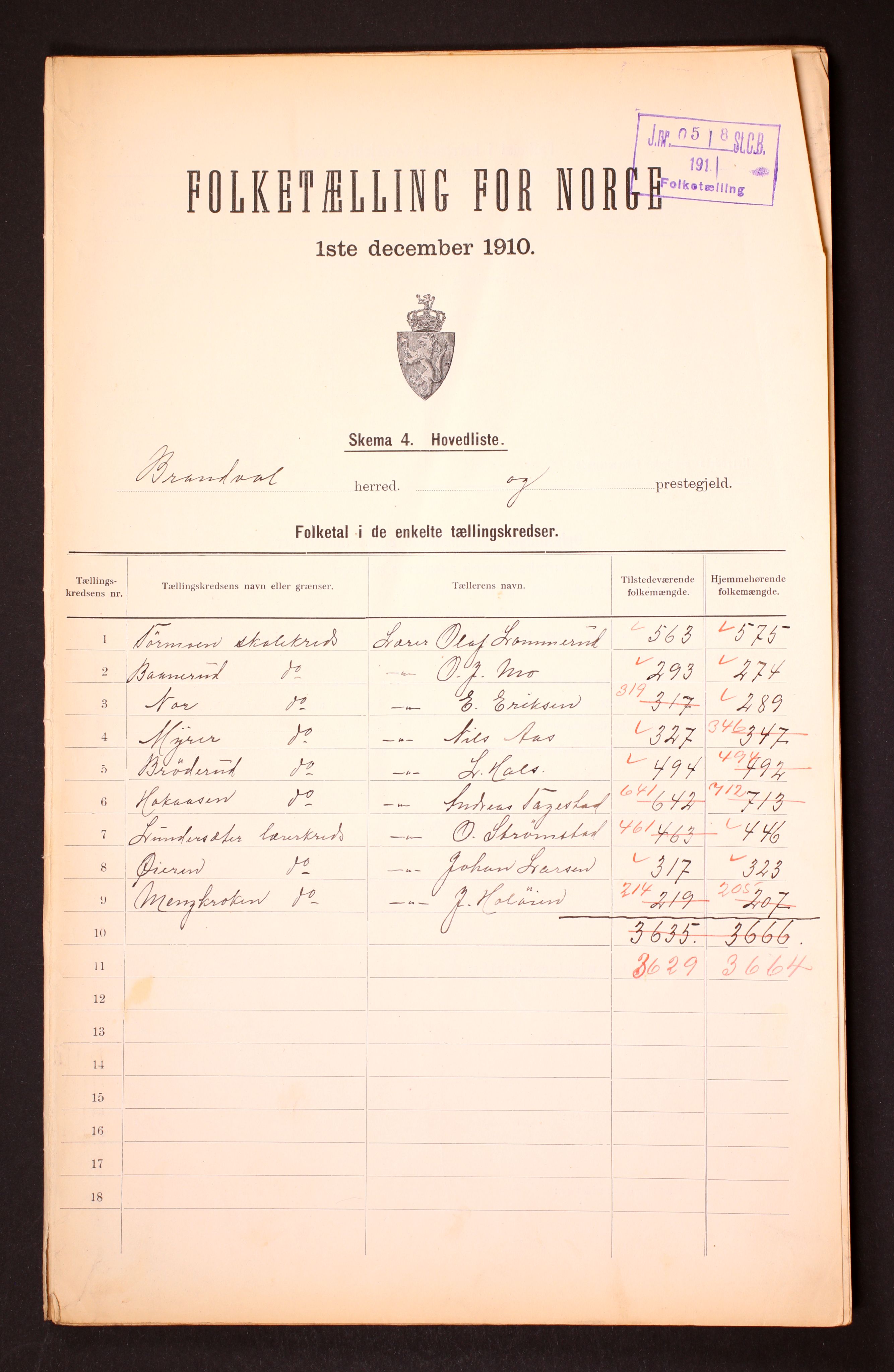 RA, 1910 census for Brandval, 1910, p. 2