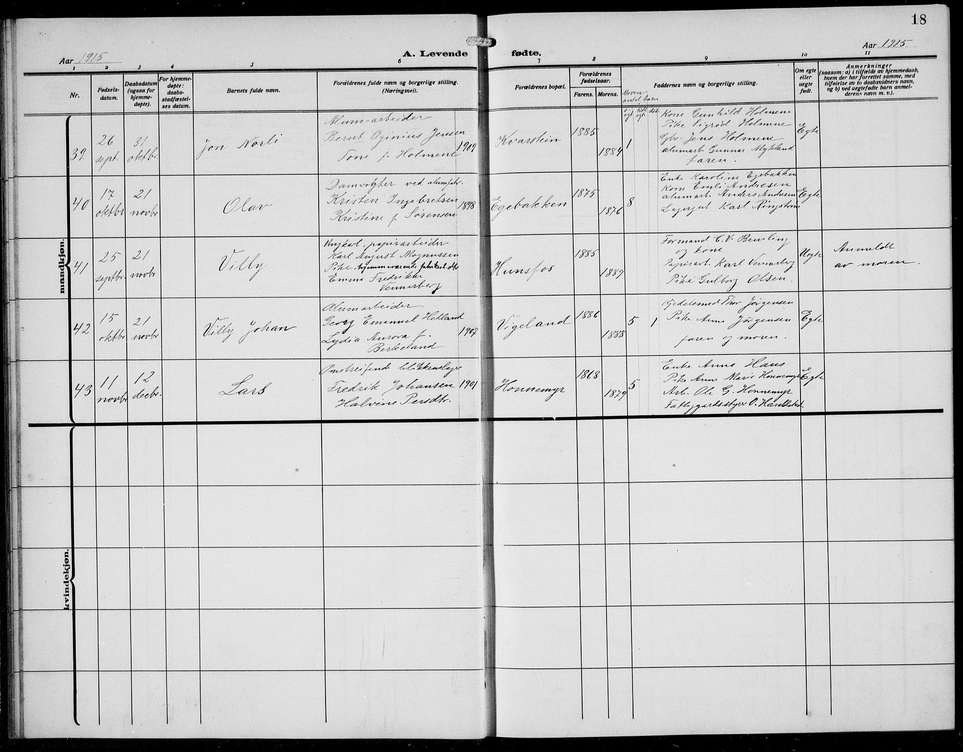 Vennesla sokneprestkontor, AV/SAK-1111-0045/Fb/Fbb/L0006: Parish register (copy) no. B 6, 1914-1921, p. 18