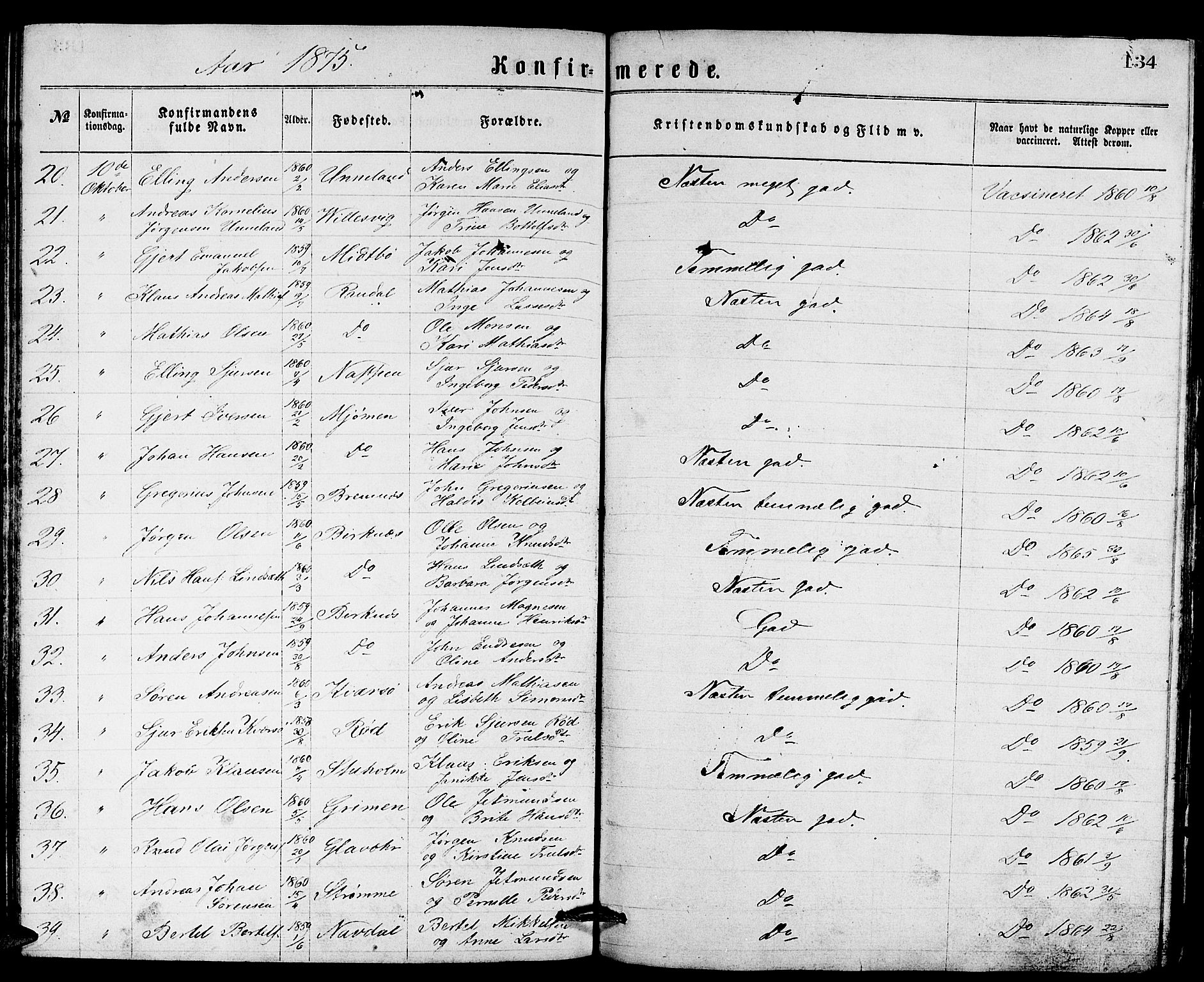 Gulen sokneprestembete, AV/SAB-A-80201/H/Hab/Habb/L0002: Parish register (copy) no. B 2, 1867-1883, p. 134