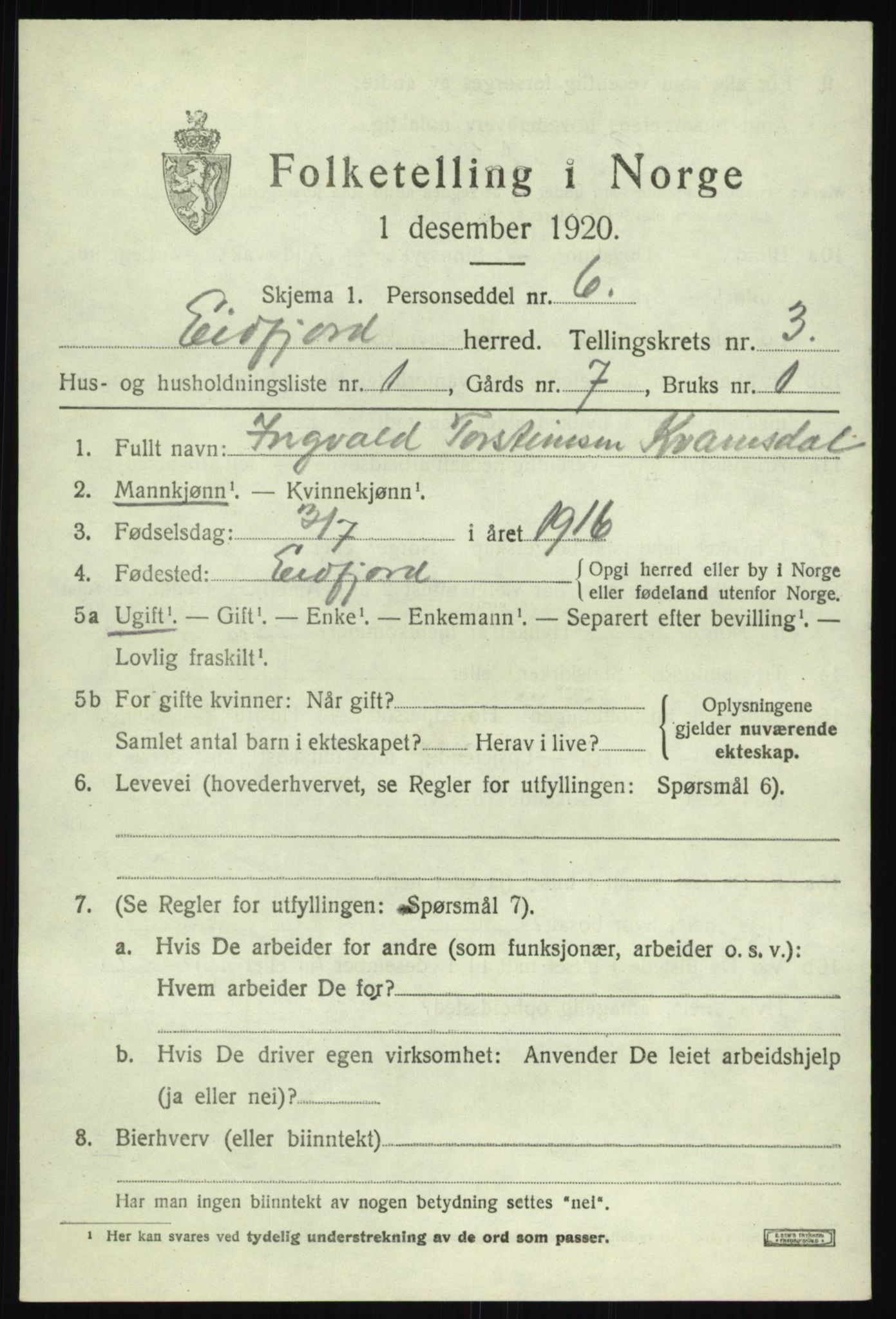 SAB, 1920 census for Eidfjord, 1920, p. 1002