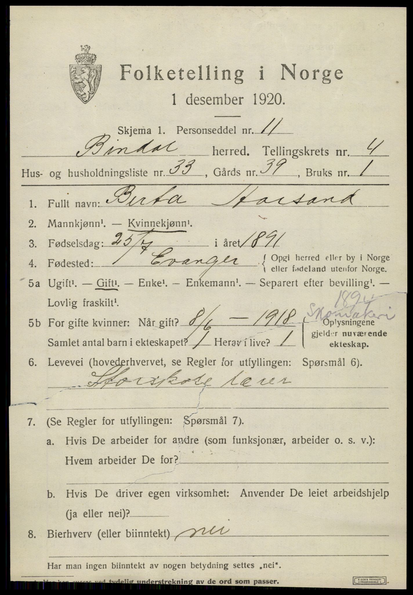 SAT, 1920 census for Bindal, 1920, p. 3819