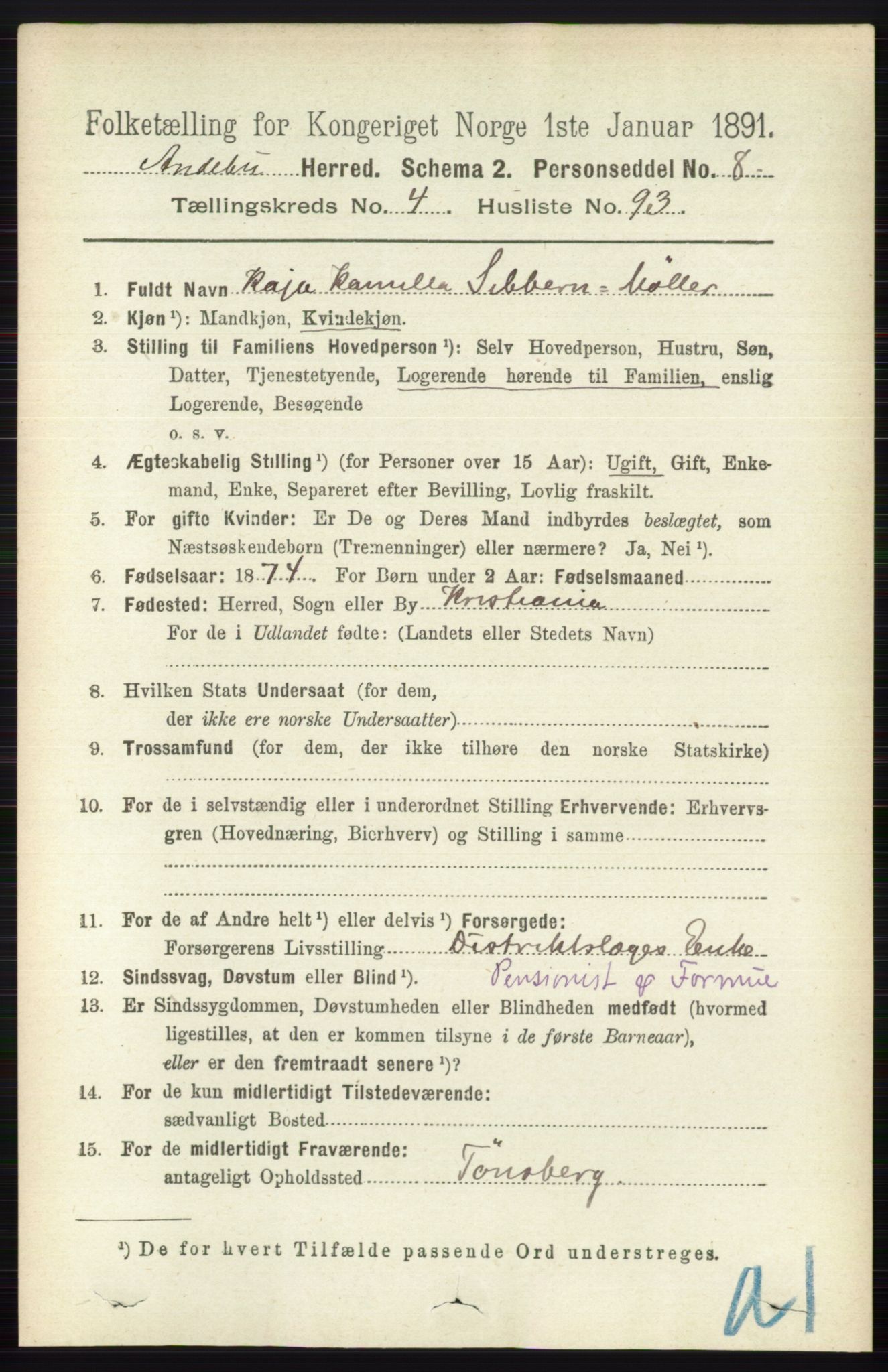 RA, 1891 census for 0719 Andebu, 1891, p. 2567