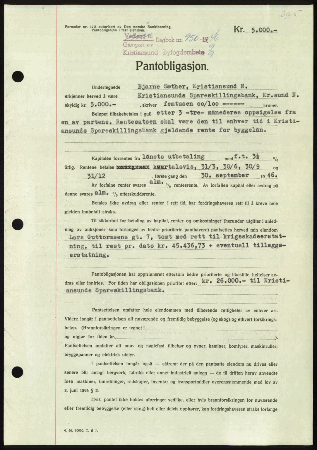 Kristiansund byfogd, AV/SAT-A-4587/A/27: Mortgage book no. 40, 1946-1946, Diary no: : 950/1946