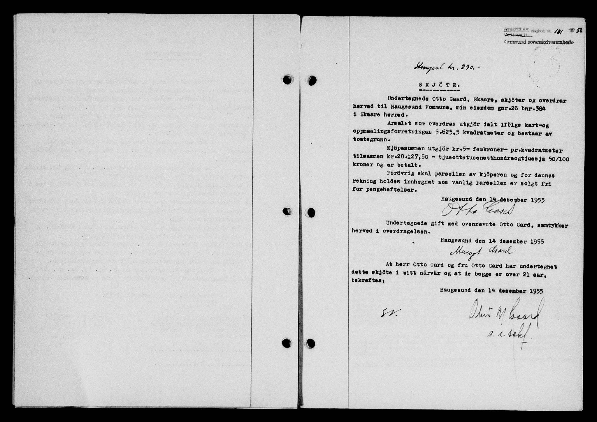 Karmsund sorenskriveri, SAST/A-100311/01/II/IIB/L0118: Mortgage book no. 98A, 1955-1956, Diary no: : 181/1956