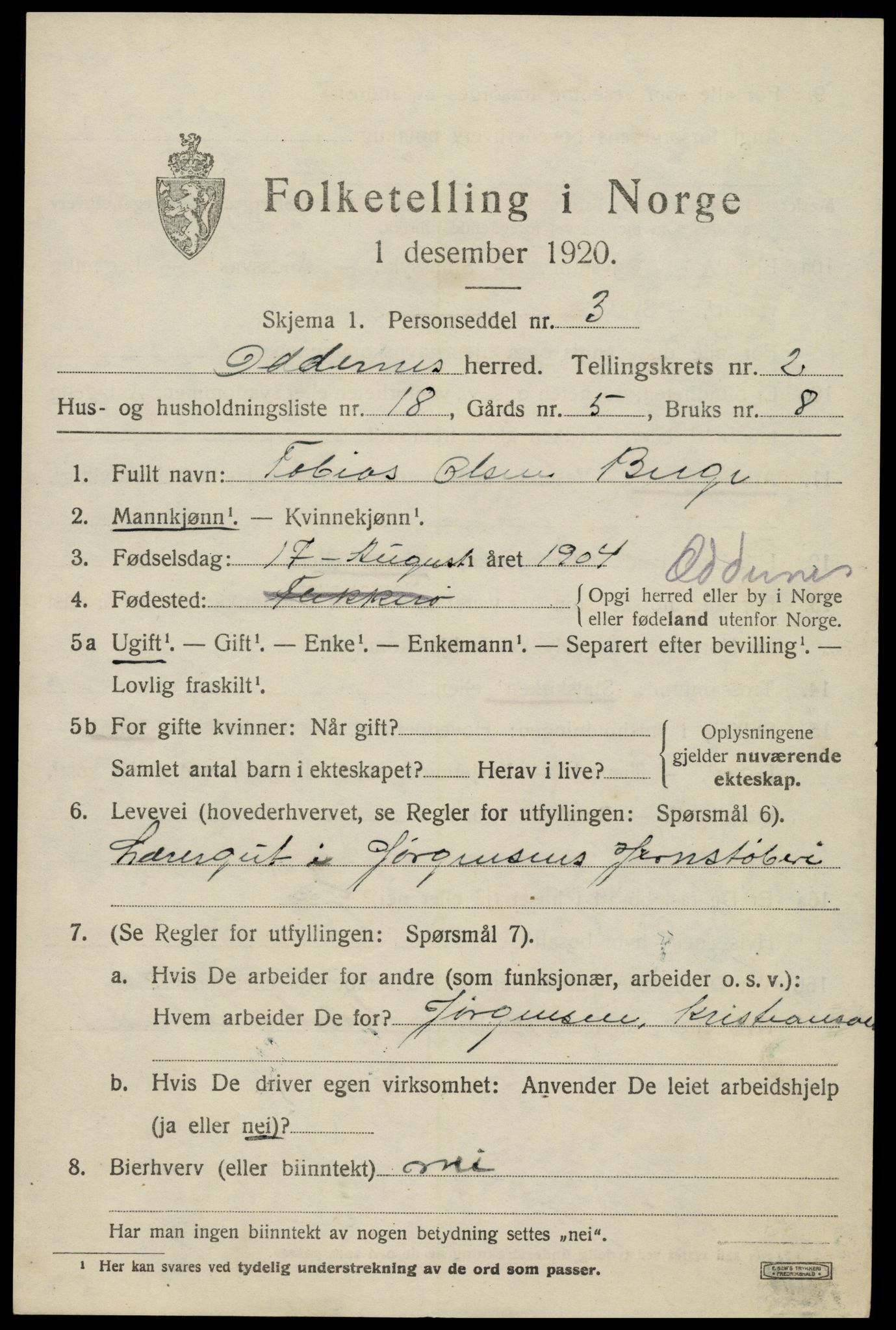 SAK, 1920 census for Oddernes, 1920, p. 3023
