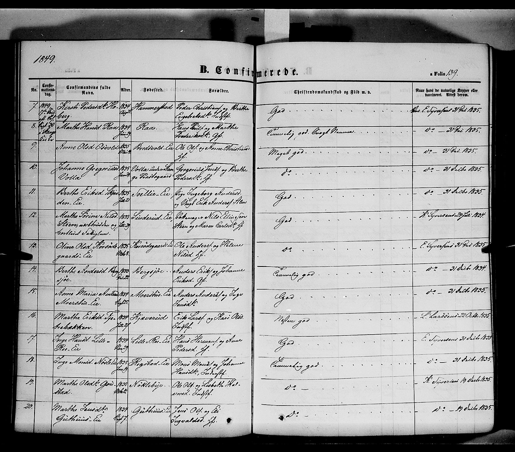 Stange prestekontor, AV/SAH-PREST-002/K/L0011: Parish register (official) no. 11, 1846-1852, p. 139