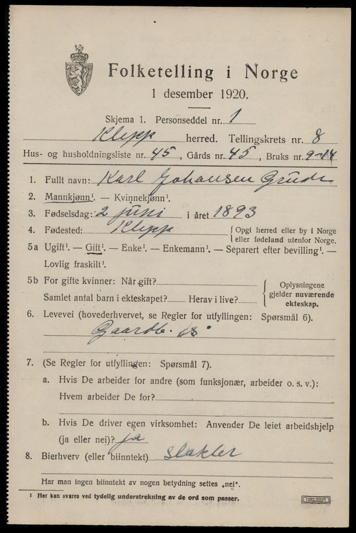 SAST, 1920 census for Klepp, 1920, p. 7544