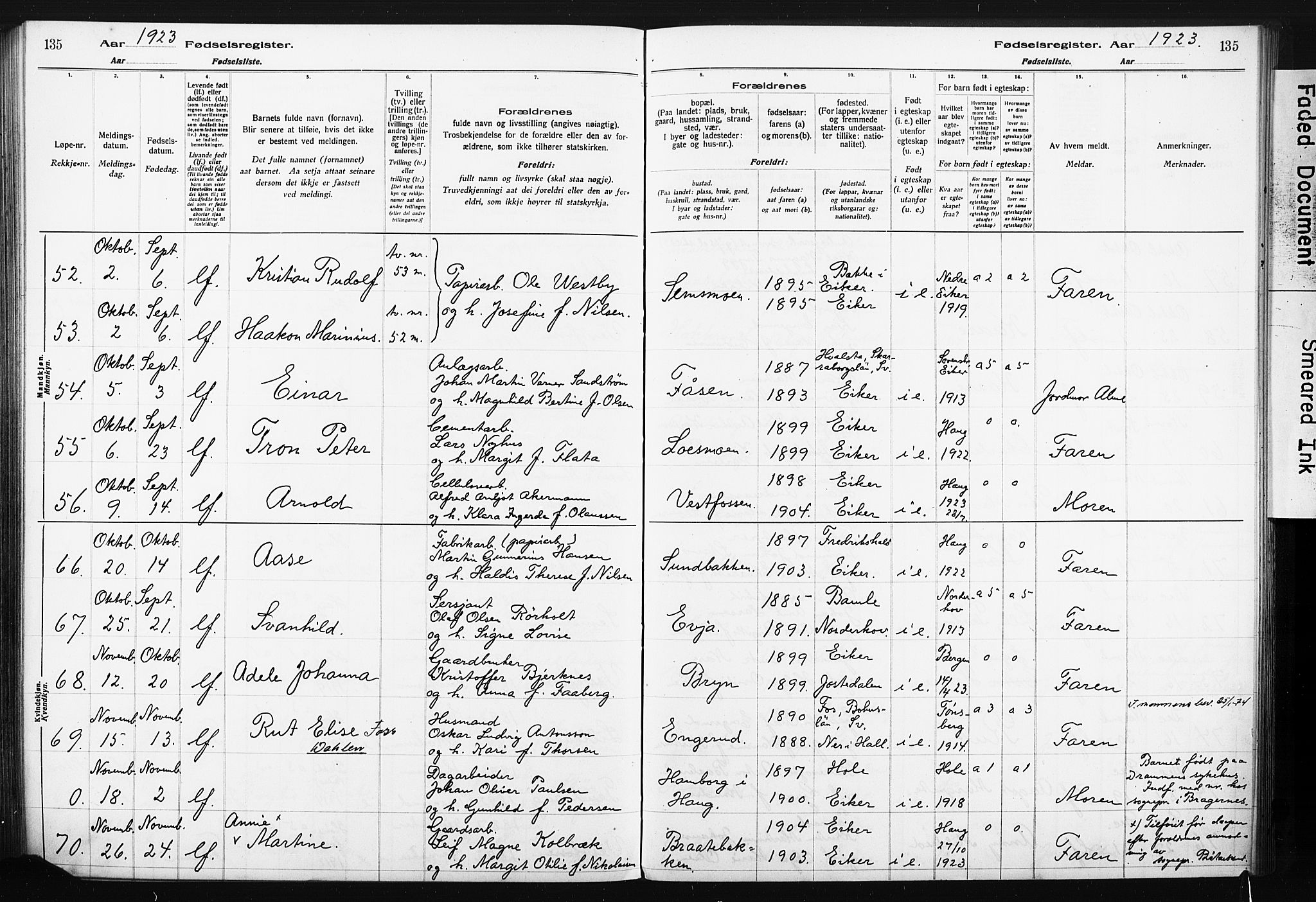 Eiker kirkebøker, AV/SAKO-A-4/J/Ja/L0001: Birth register no. I 1, 1916-1927, p. 135