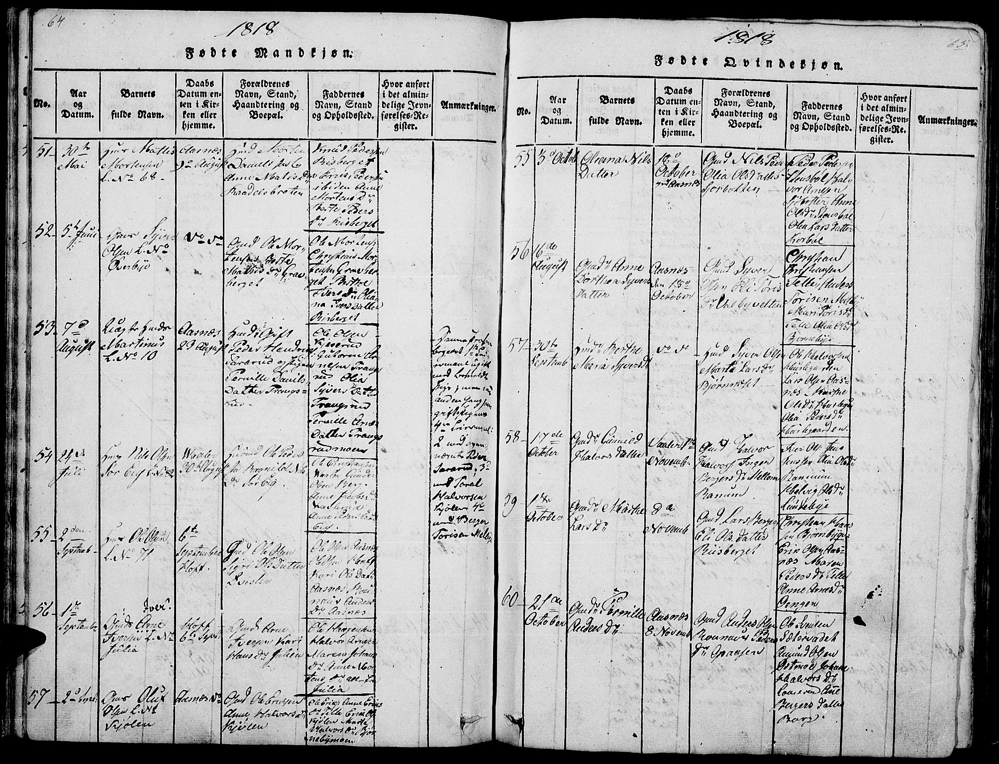 Hof prestekontor, AV/SAH-PREST-038/H/Ha/Haa/L0005: Parish register (official) no. 5, 1816-1822, p. 64-65